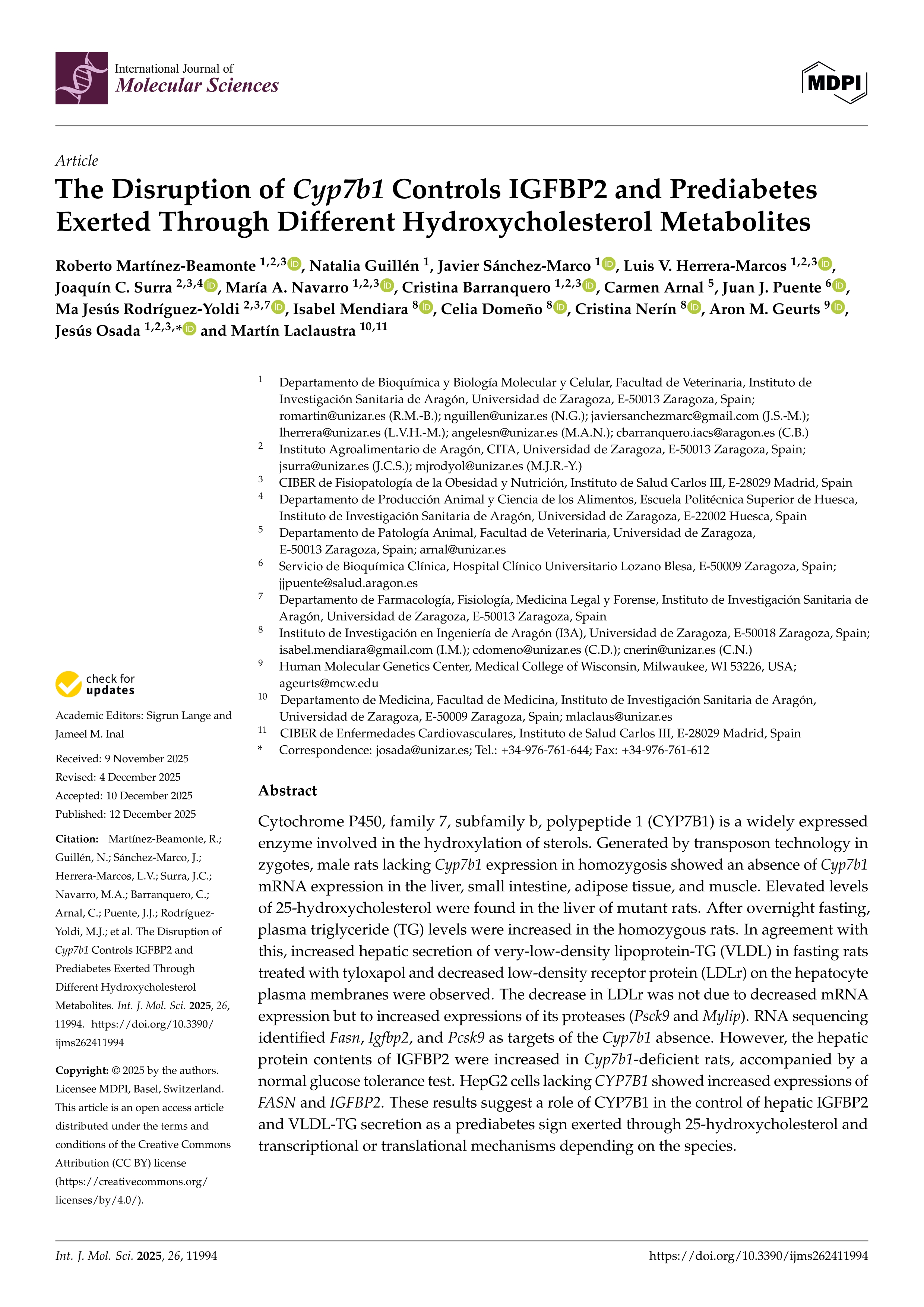 The Disruption of Cyp7b1 Controls IGFBP2 and Prediabetes Exerted Through Different Hydroxycholesterol Metabolites