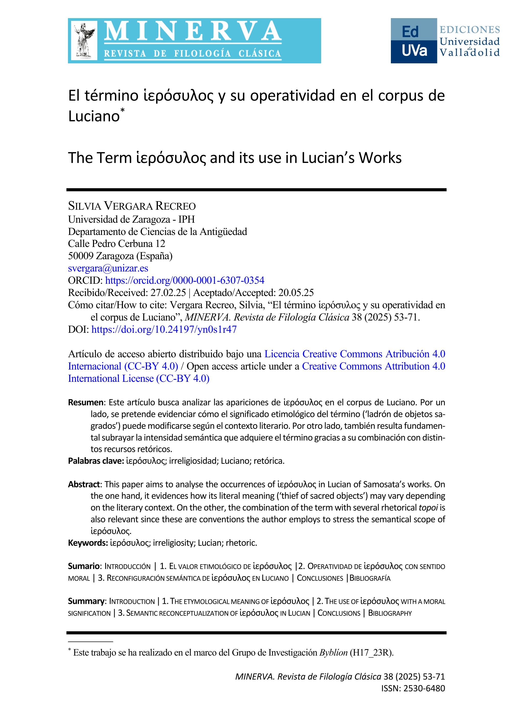 El término ἱερόσυλος y su operatividad en el corpus de Luciano
