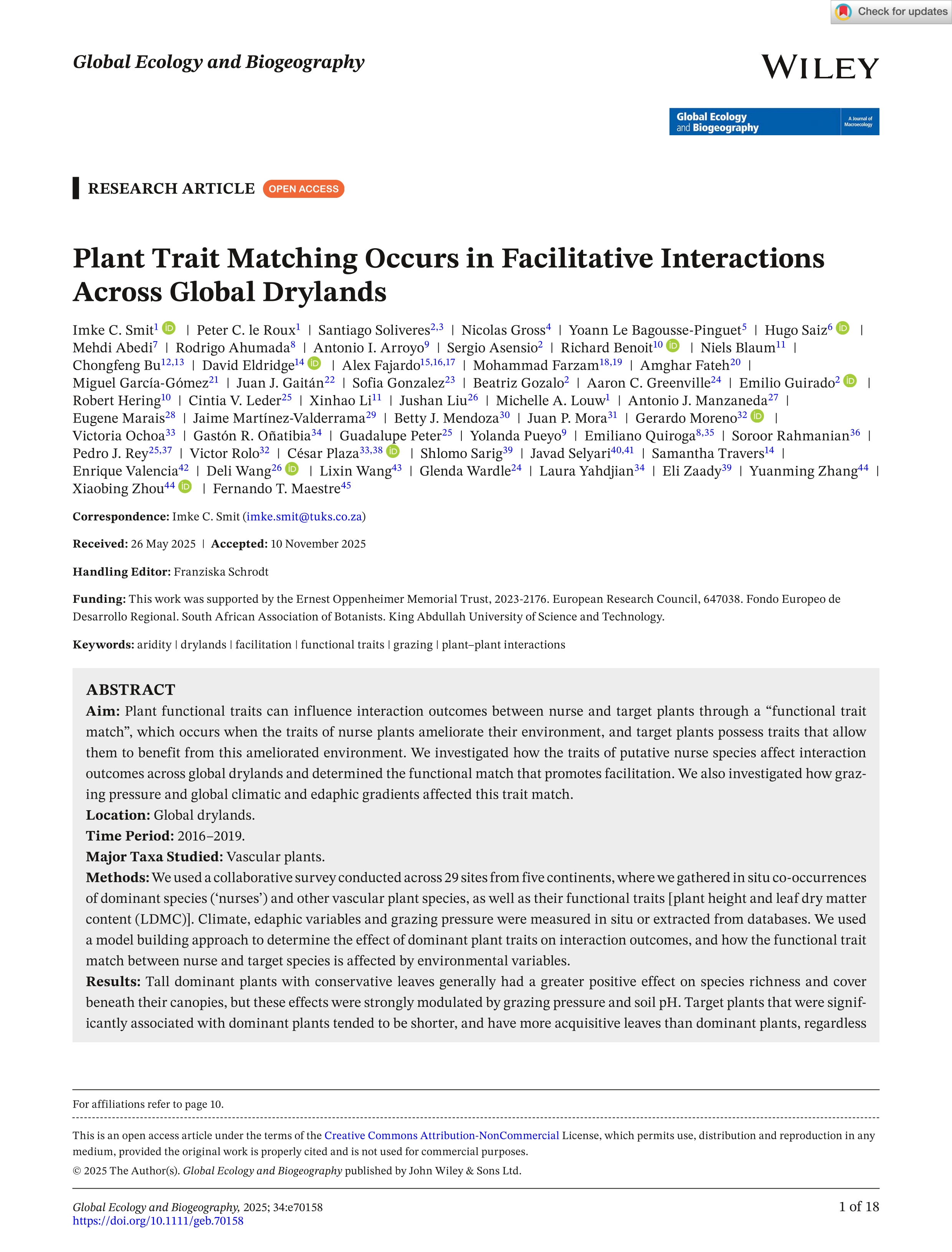 Plant Trait Matching Occurs in Facilitative Interactions Across Global Drylands