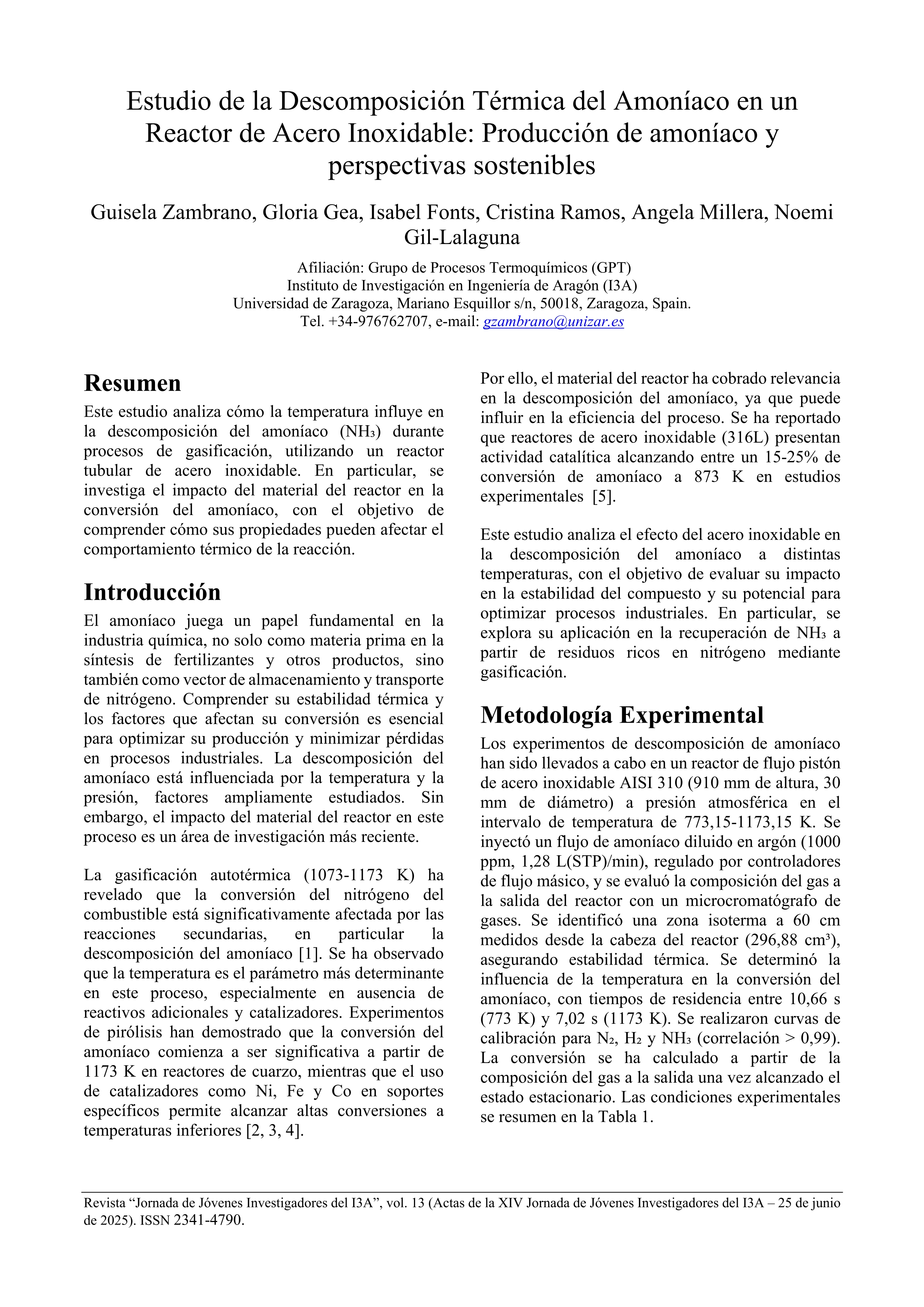 Estudio de la Descomposición Térmica del Amoníaco en un Reactor de Acero Inoxidable: Producción de amoníaco y perspectivas sostenibles
