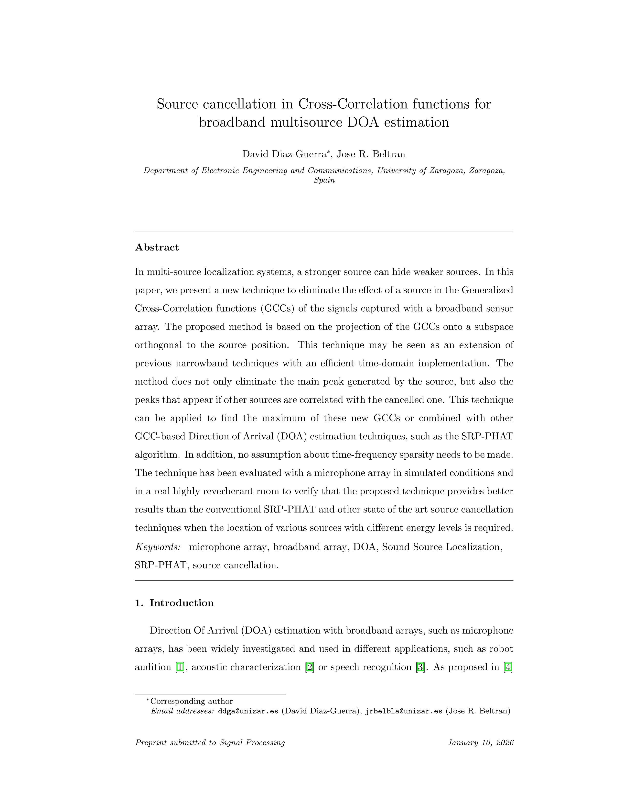 Source cancellation in cross-correlation functions for broadband multisource DOA estimation