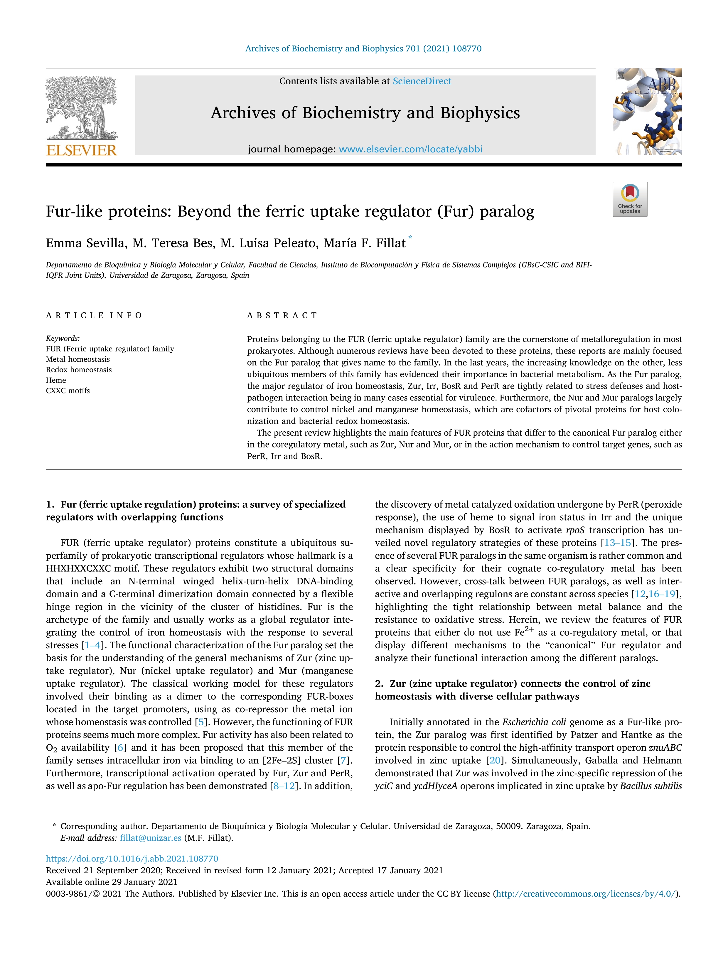 Fur-like proteins: Beyond the ferric uptake regulator (Fur) paralog