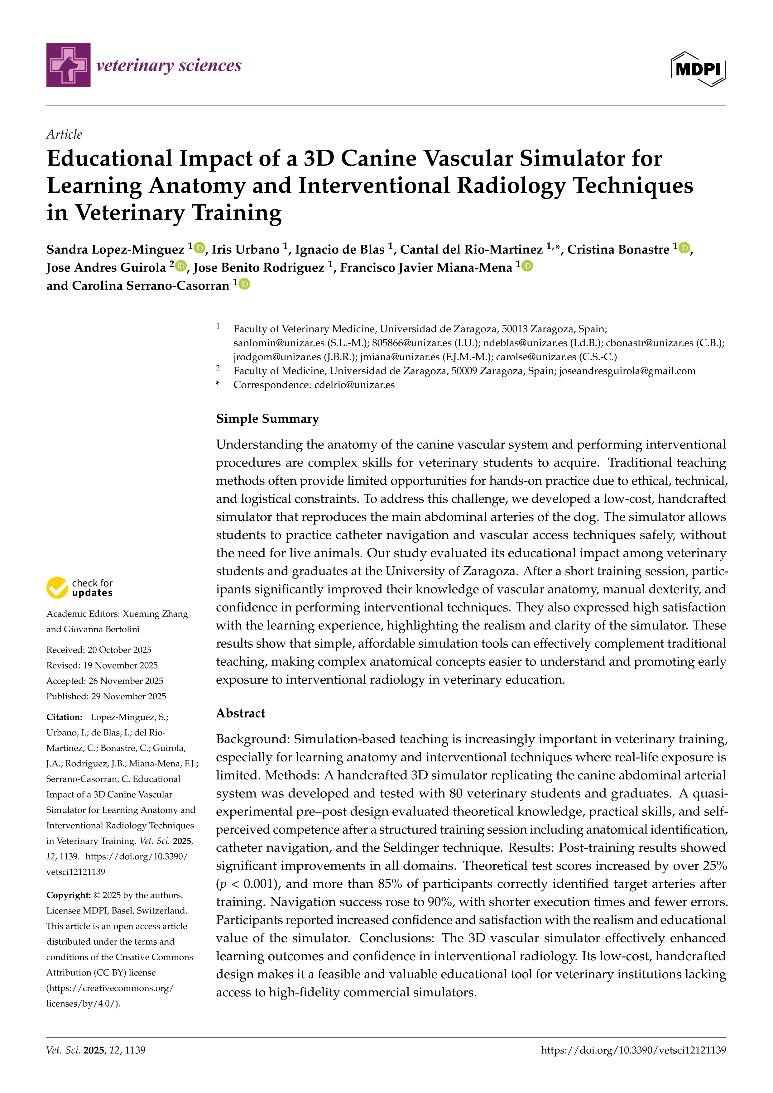Educational Impact of a 3D Canine Vascular Simulator for Learning Anatomy and Interventional Radiology Techniques in Veterinary Training