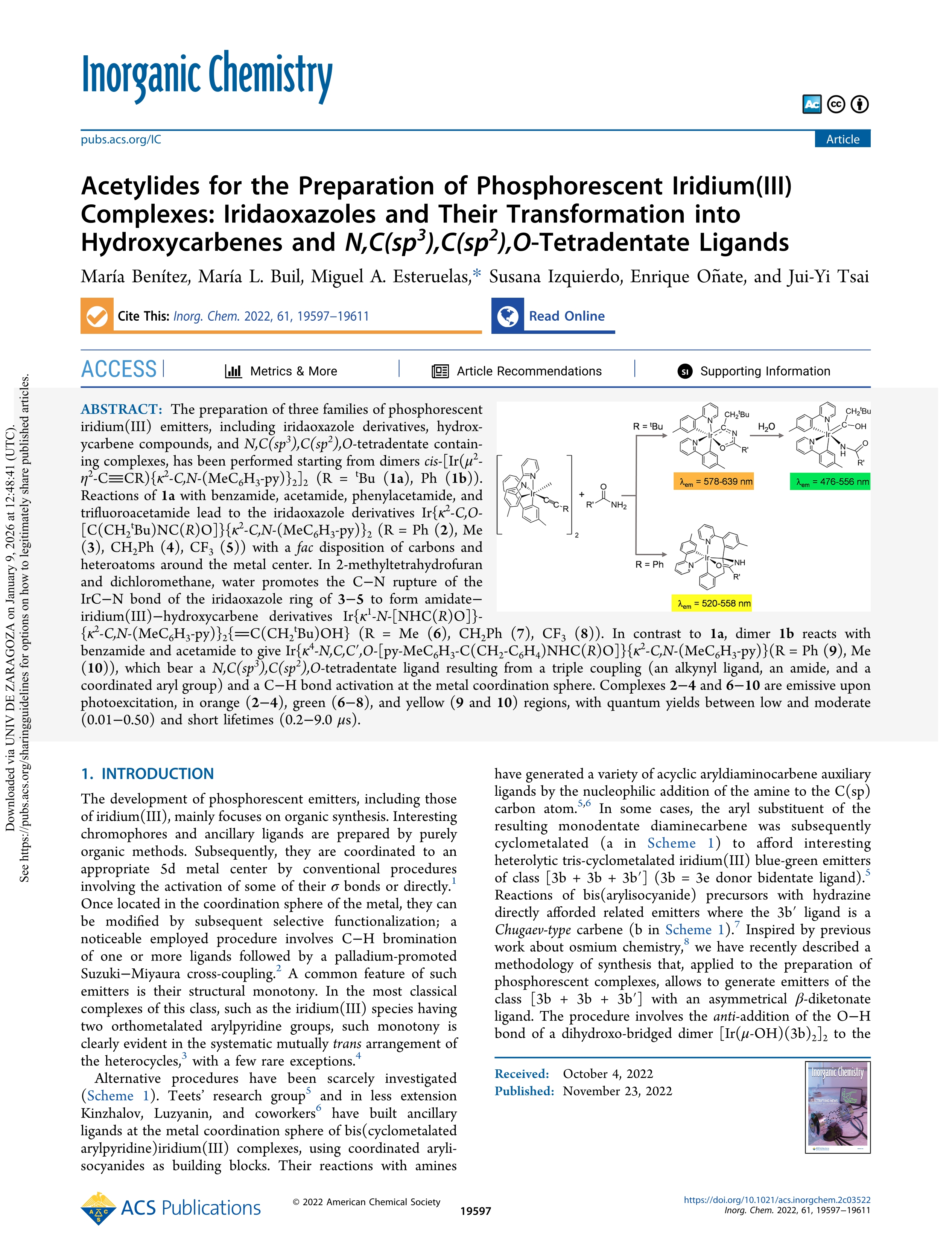 Acetylides for the preparation of phosphorescent iridium(iii) complexes: iridaoxazoles and their transformation into hydroxycarbenes and N,C(sp3),C(sp2),O-Tetradentate ligands