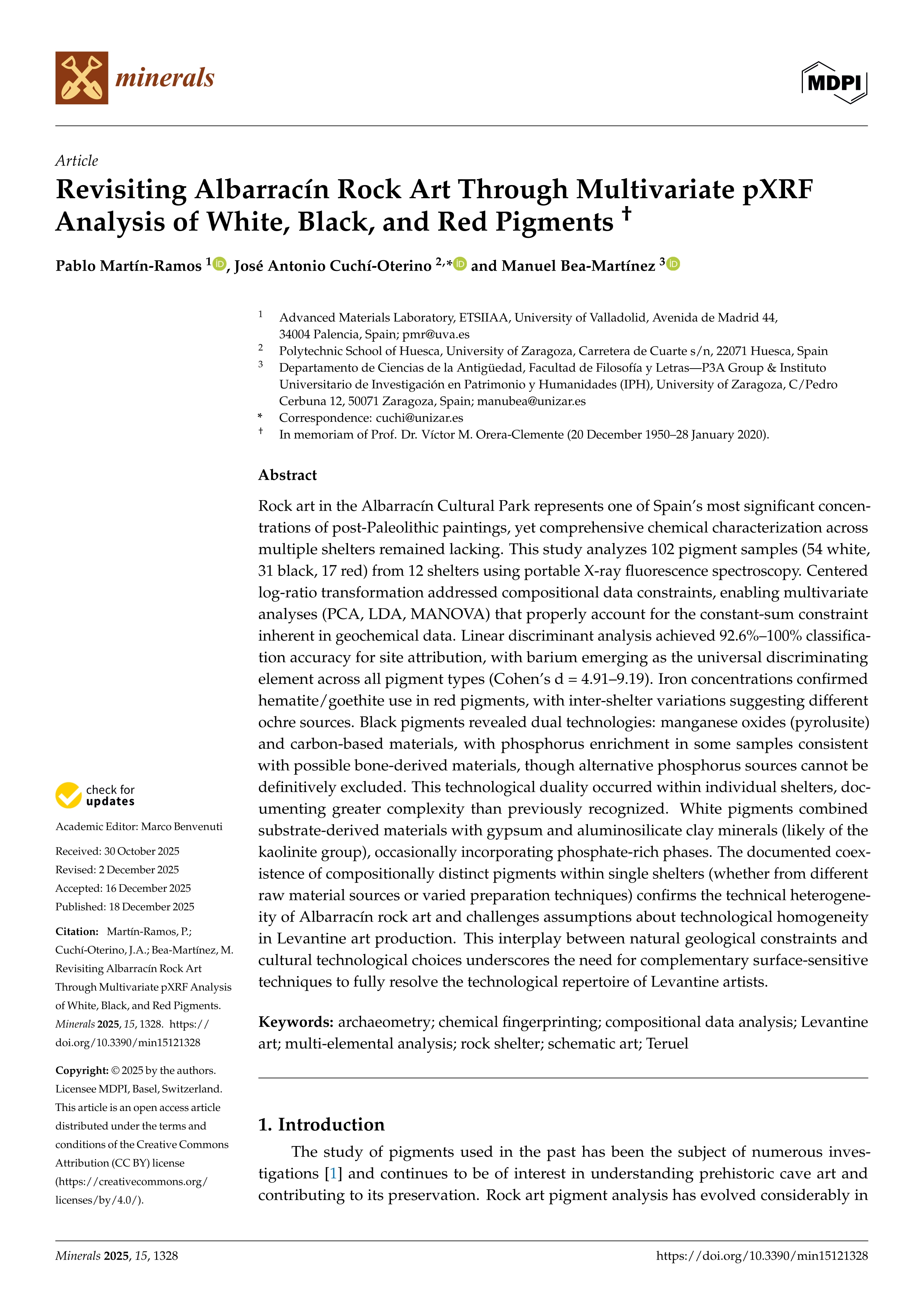 Revisiting Albarracín Rock Art Through Multivariate pXRF Analysis of White, Black, and Red Pigments