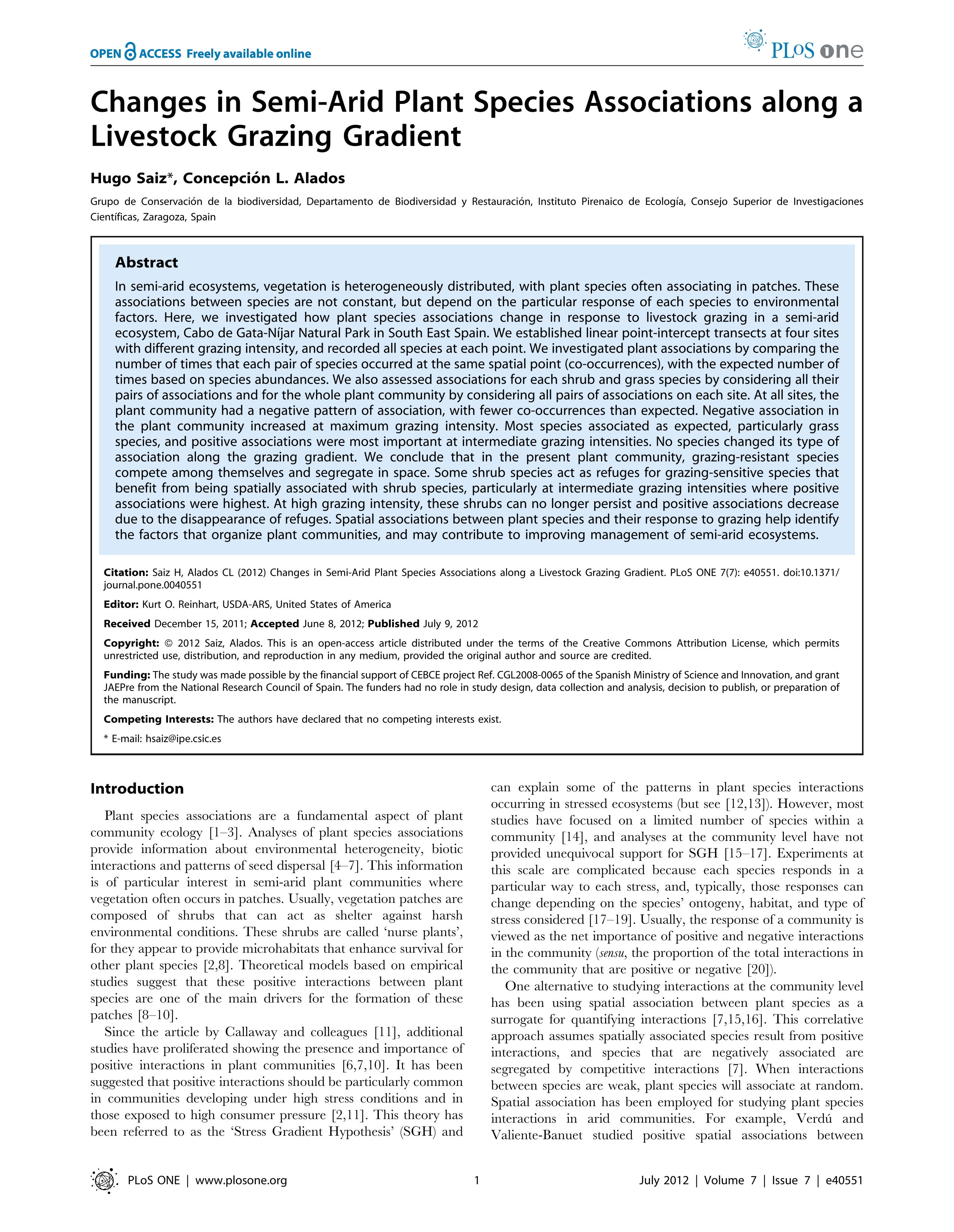 Changes in Semi-Arid Plant Species Associations along a Livestock Grazing Gradient