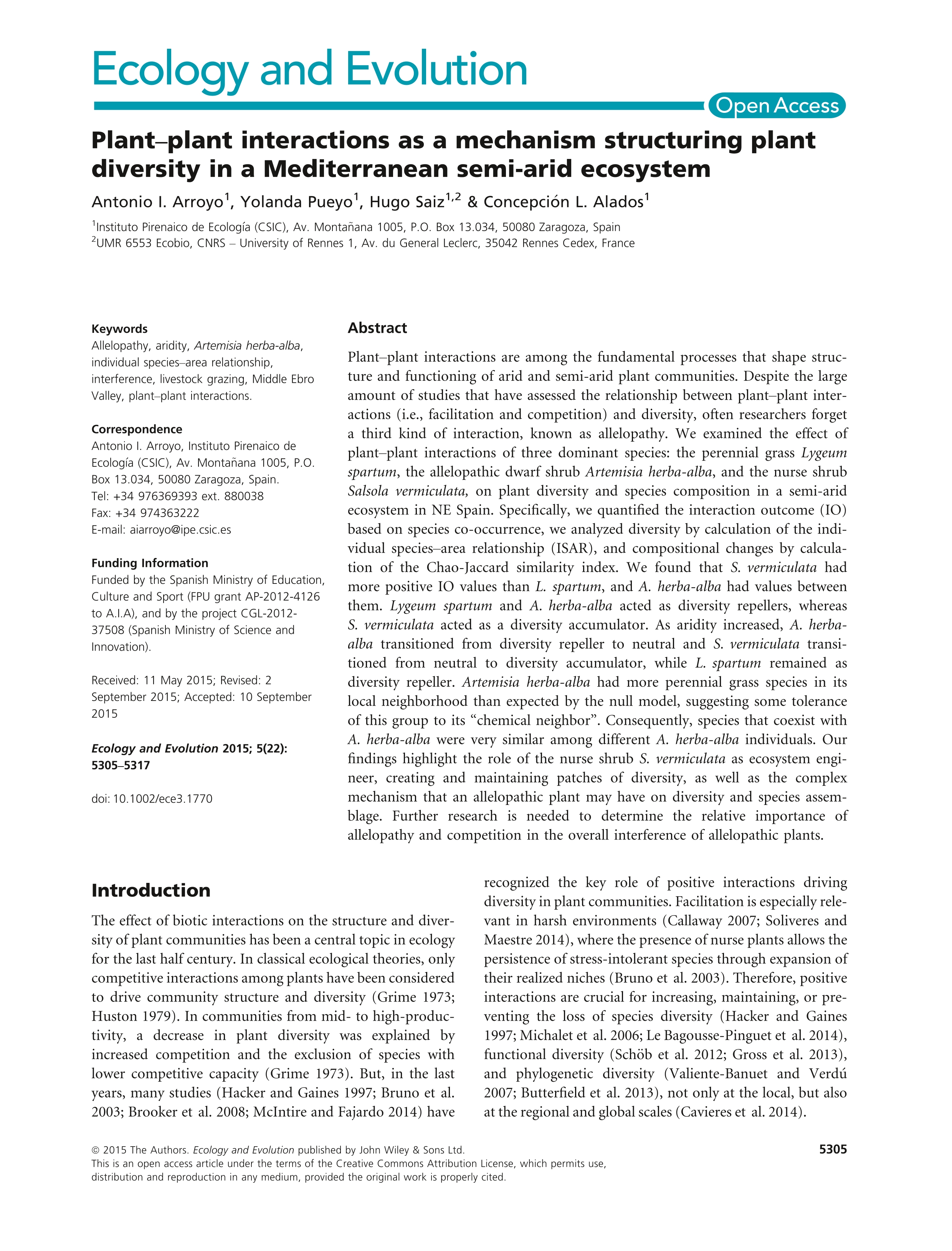 Plant–plant interactions as a mechanism structuring plant diversity in a Mediterranean semi‐arid ecosystem