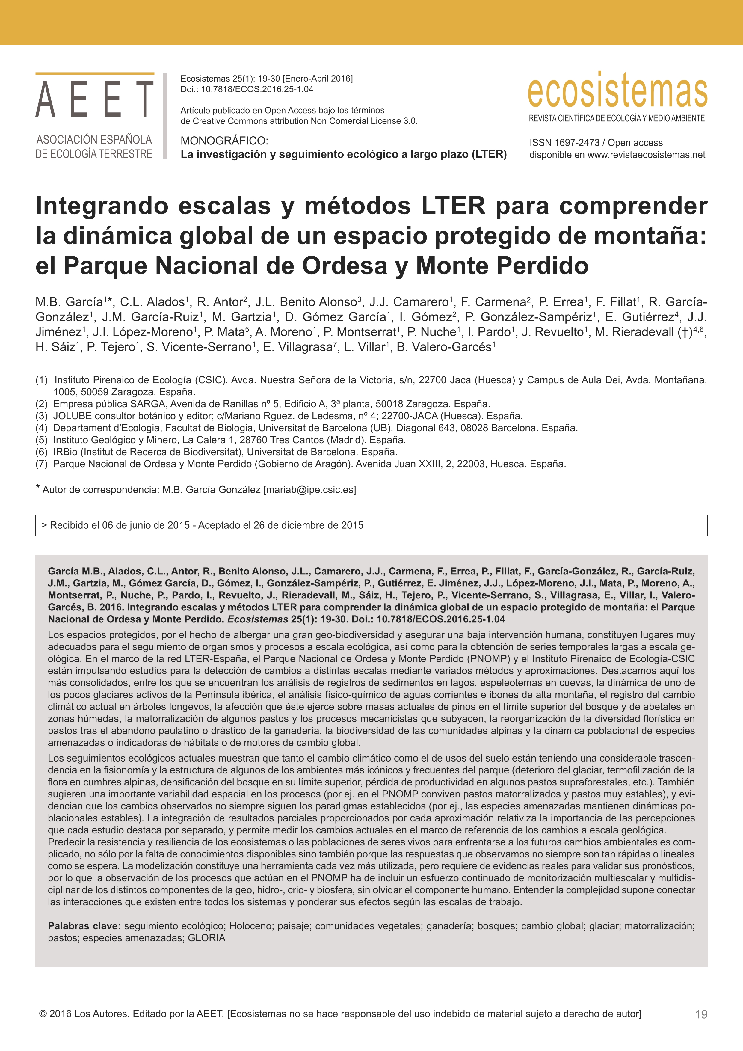 Integrando escalas y métodos LTER para comprender la dinámica global de un espacio protegido de montaña: el Parque Nacional de Ordesa y Monte Perdido