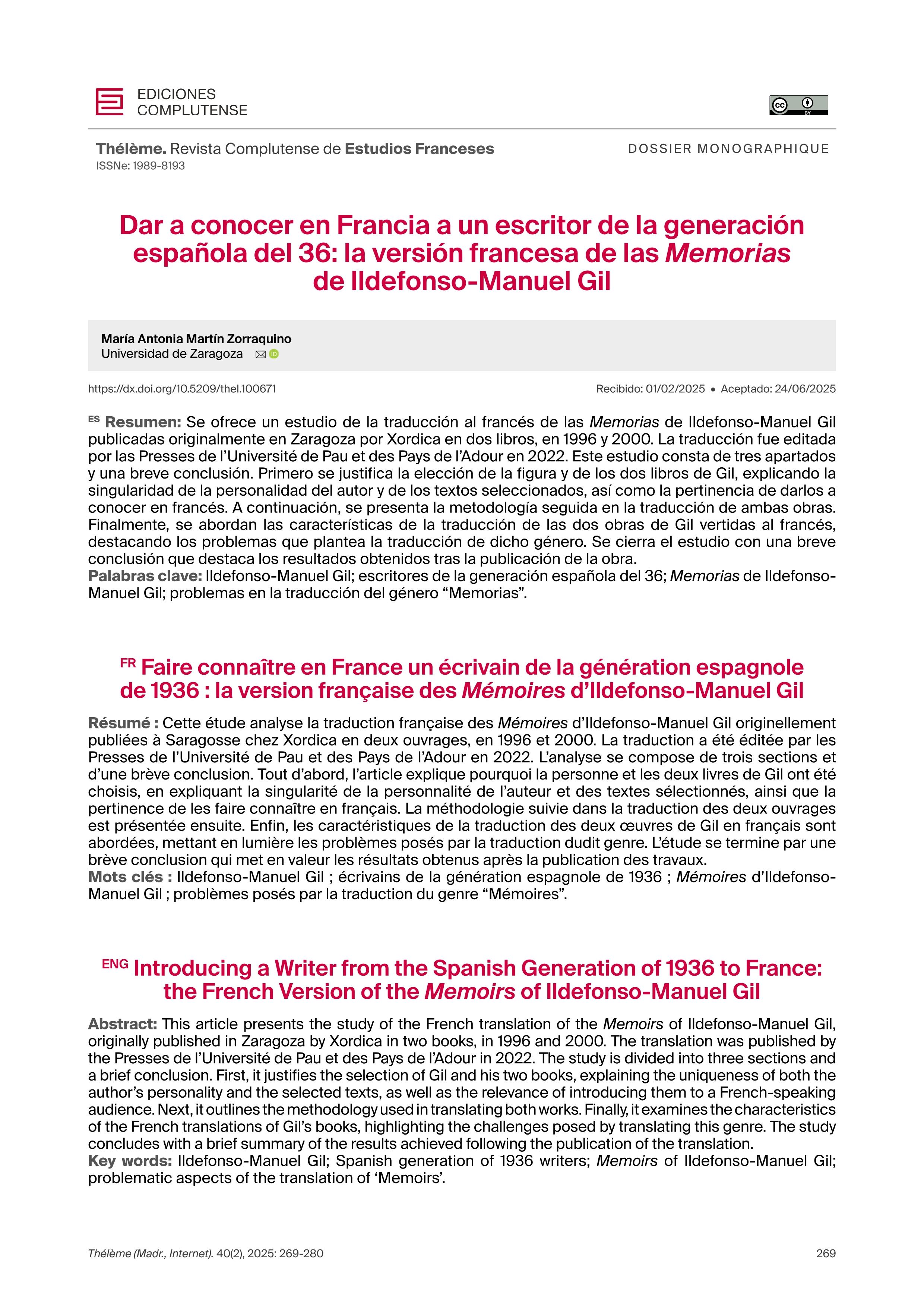 Dar a conocer en Francia a un escritor de la generación española del 36: la versión francesa de las Memorias de Ildefonso-Manuel Gil