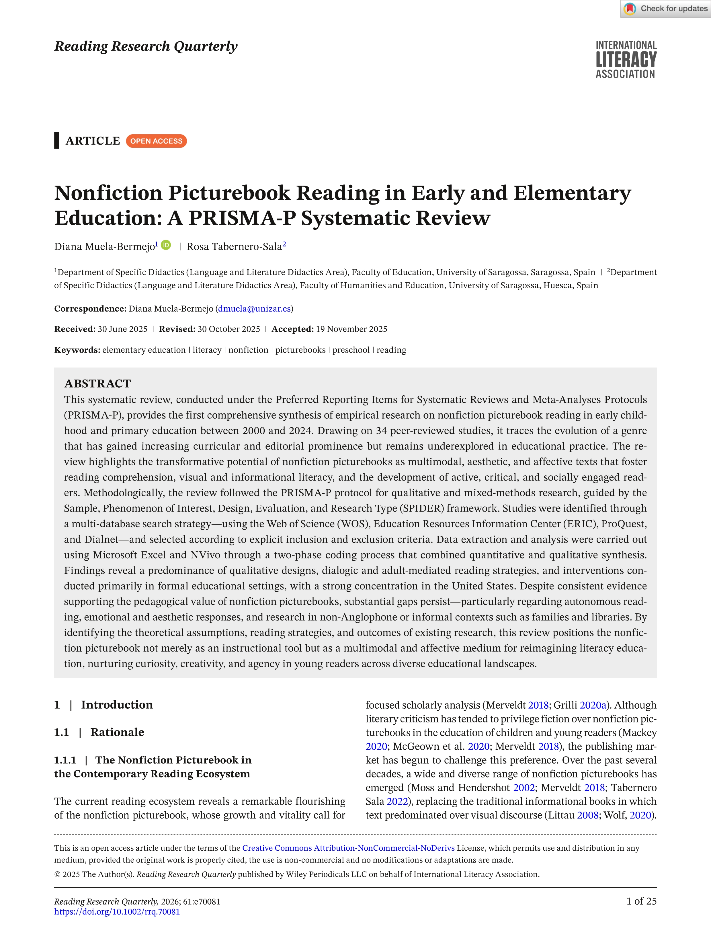 Nonfiction Picturebook Reading in Early and ElementaryEducation: A PRISMA-P Systematic Review