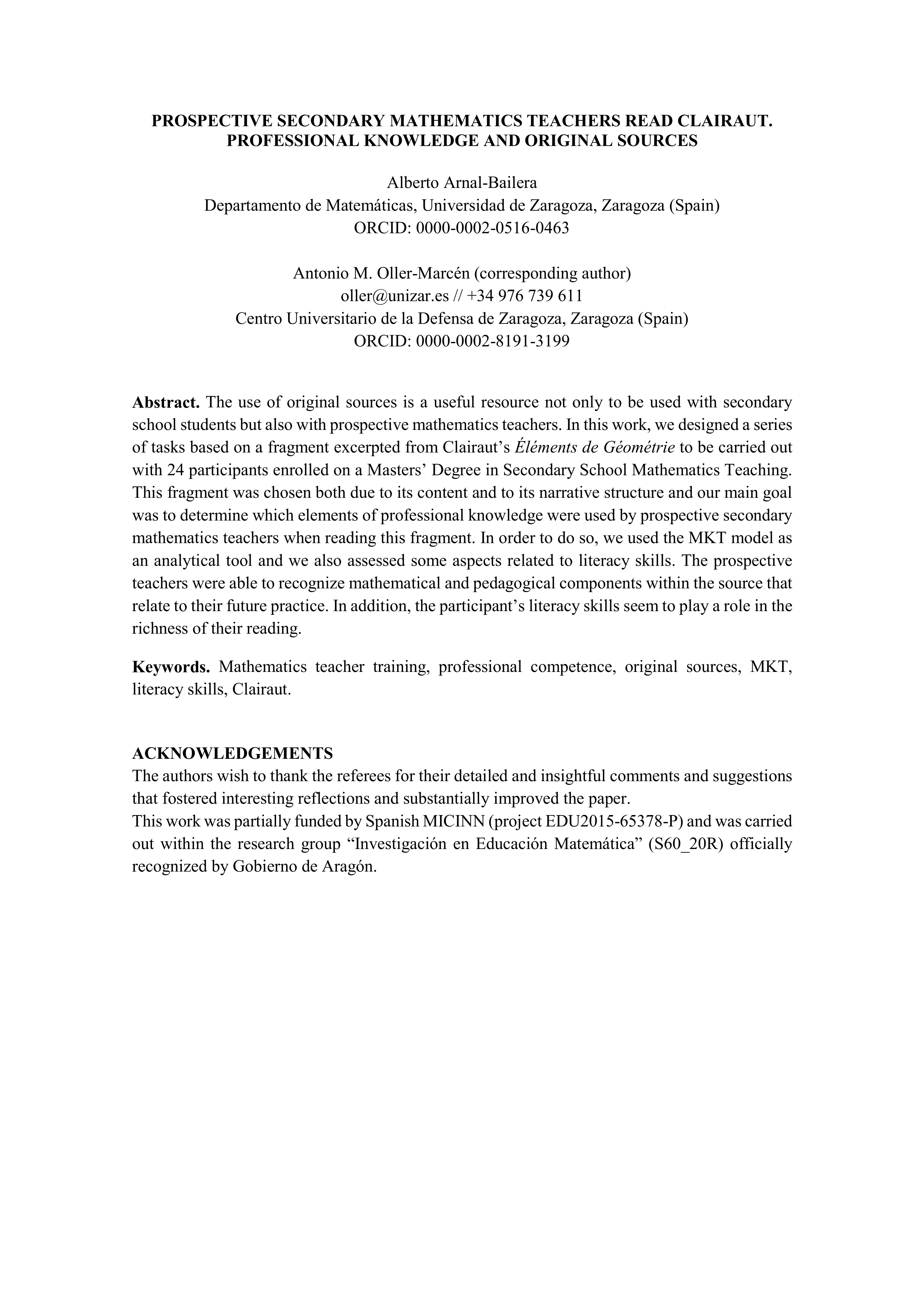 Prospective secondary mathematics teachers read Clairaut: professional knowledge and original sources