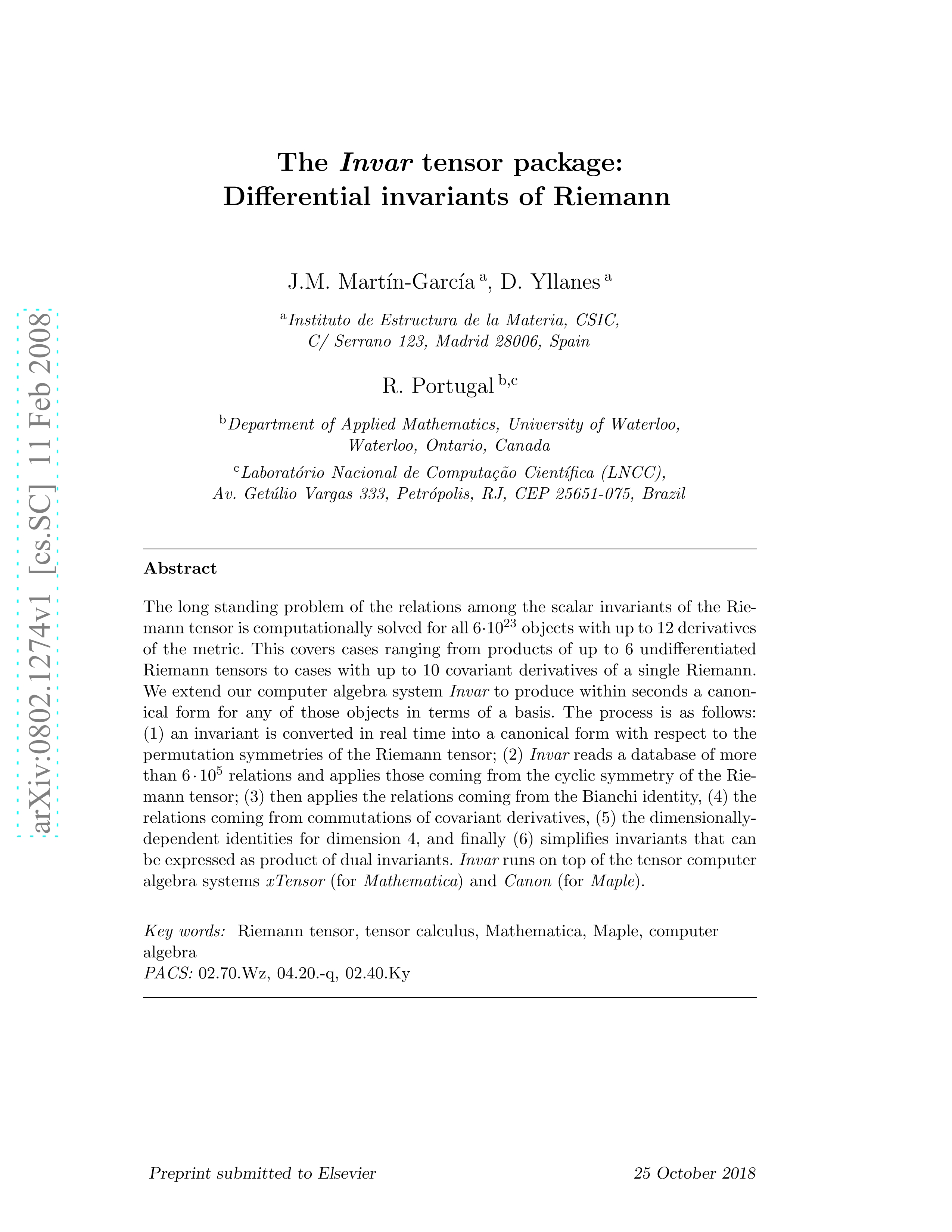 The Invar tensor package: Differential invariants of Riemann