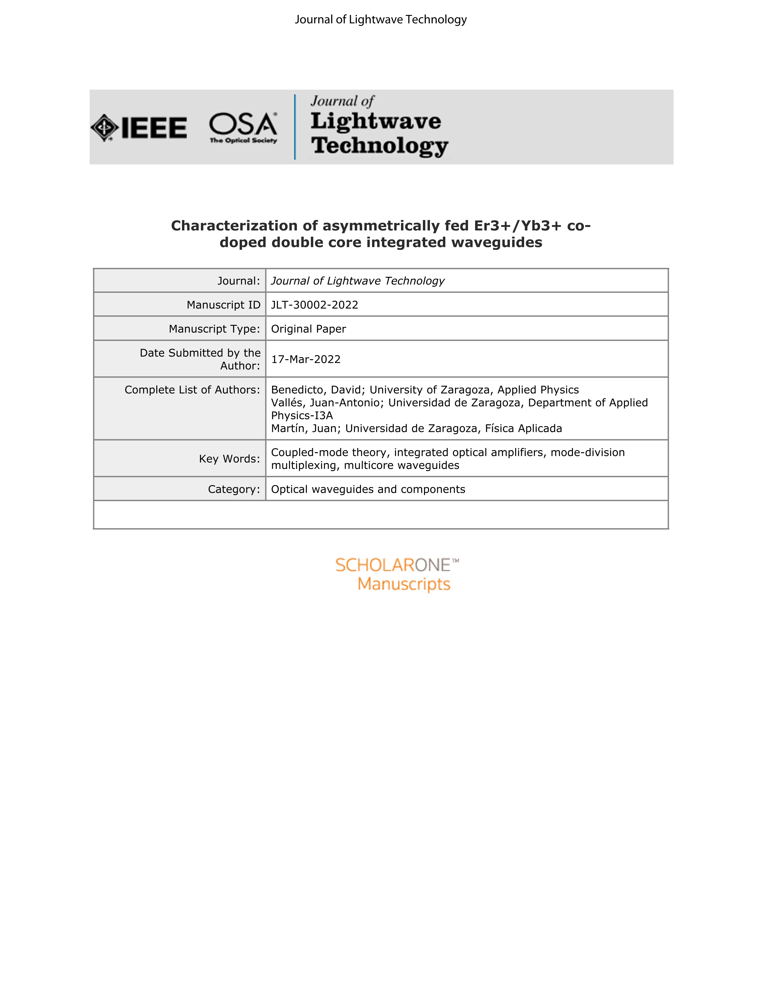Characterization of asymmetrically Fed Er3+/Yb3+ Co-Doped double core integrated waveguides