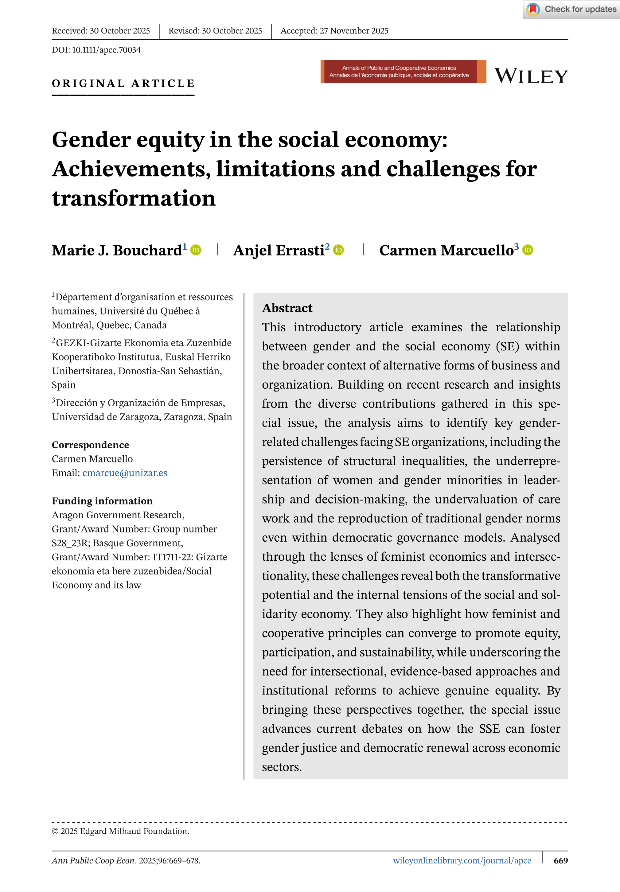 Gender equity in the social economy: Achievements, limitations and challenges for transformation