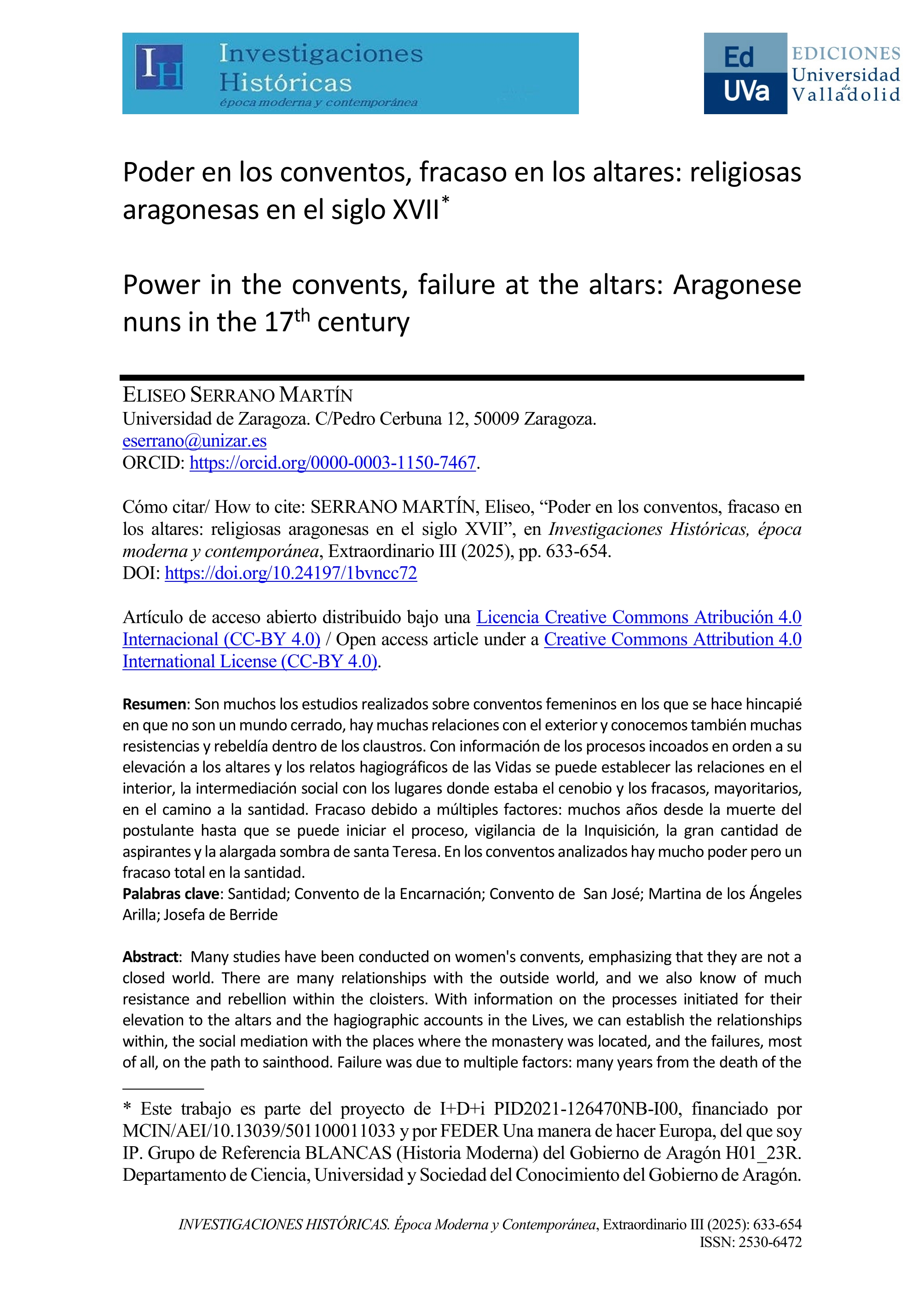 Poder en los conventos, fracaso en los altares: religiosas aragonesas en el siglo XVII