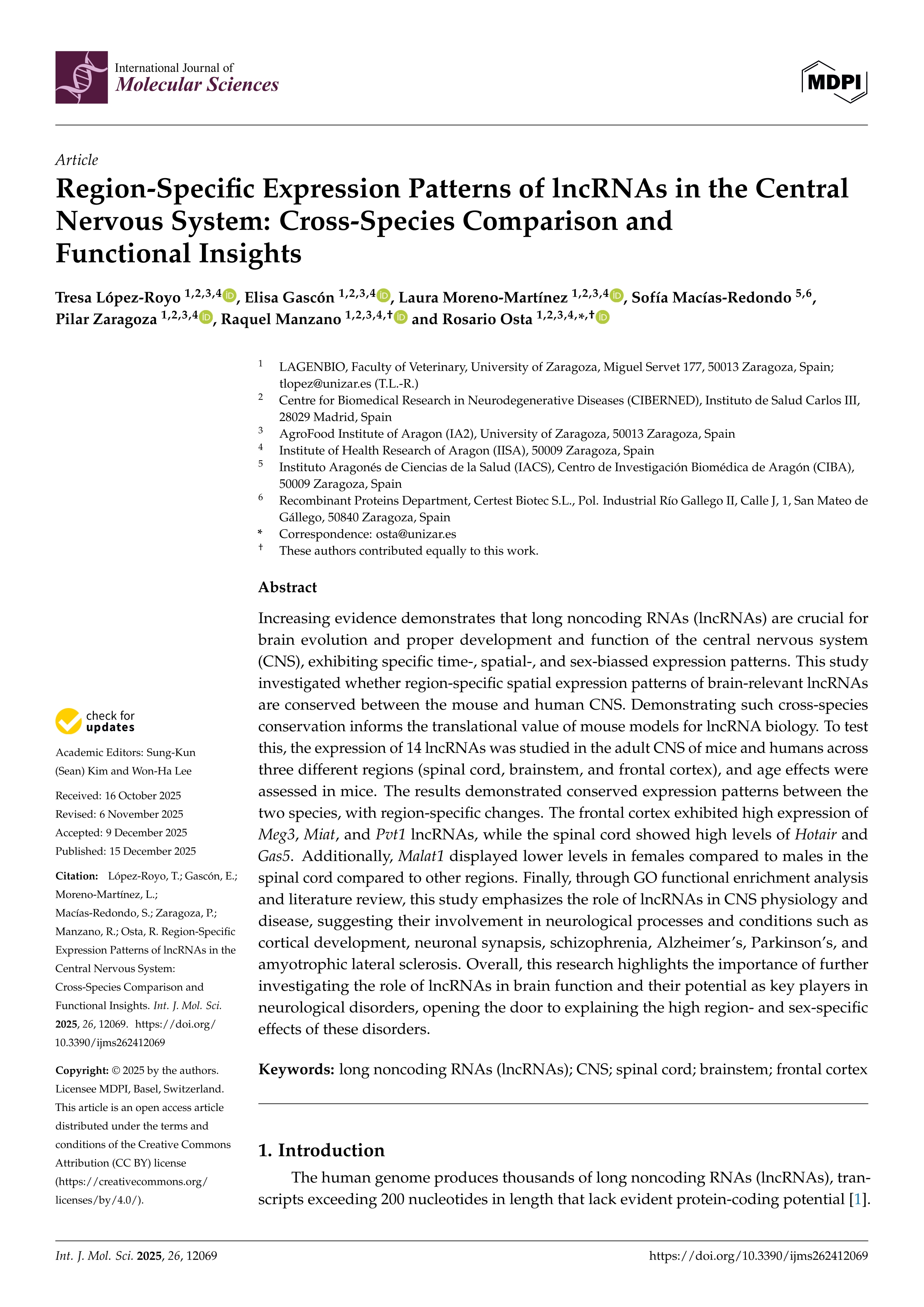 Region-Specific Expression Patterns of lncRNAs in the Central Nervous System: Cross-Species Comparison and Functional Insights