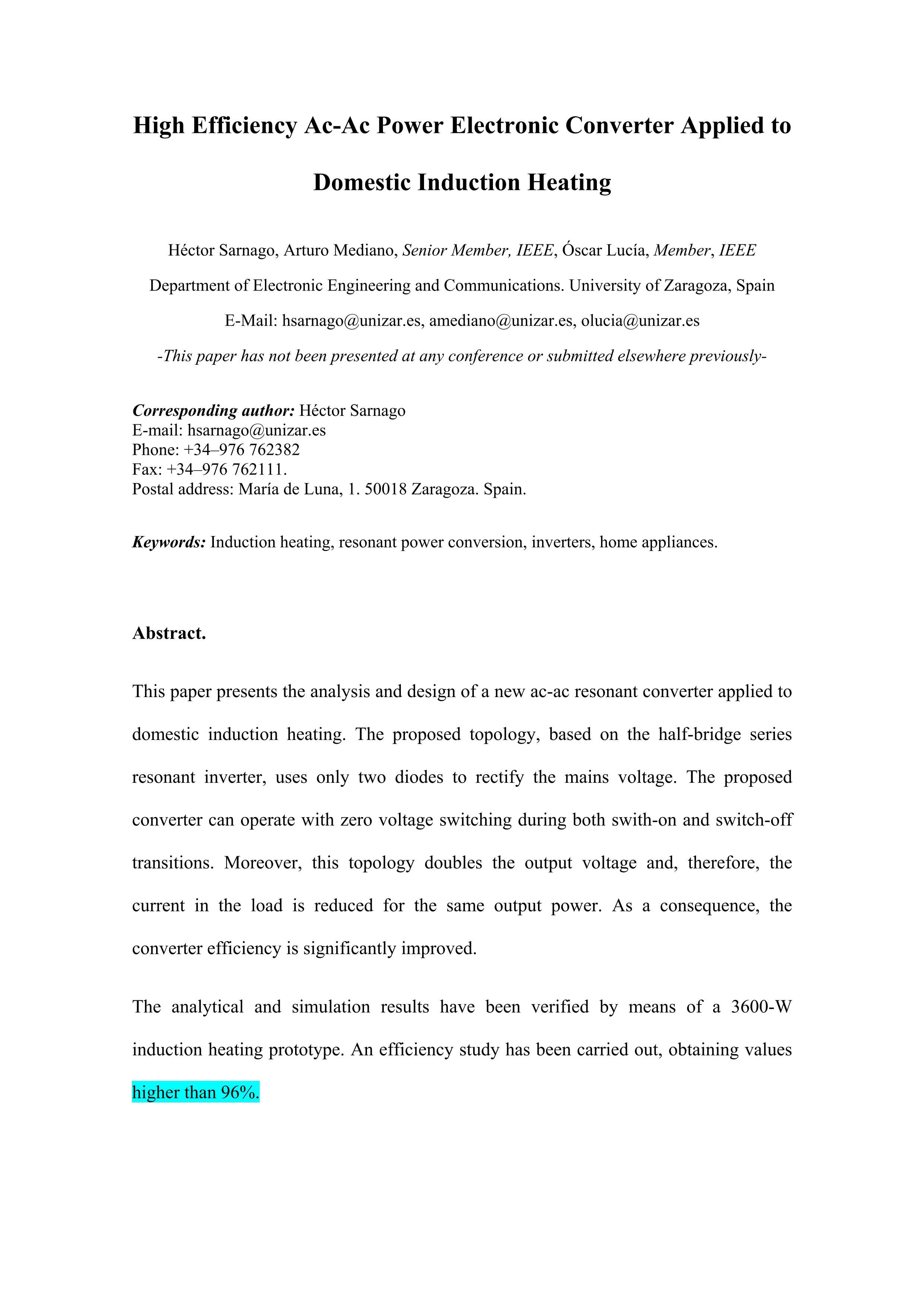 High efficiency ac-ac power electronic converter applied to domestic induction heating