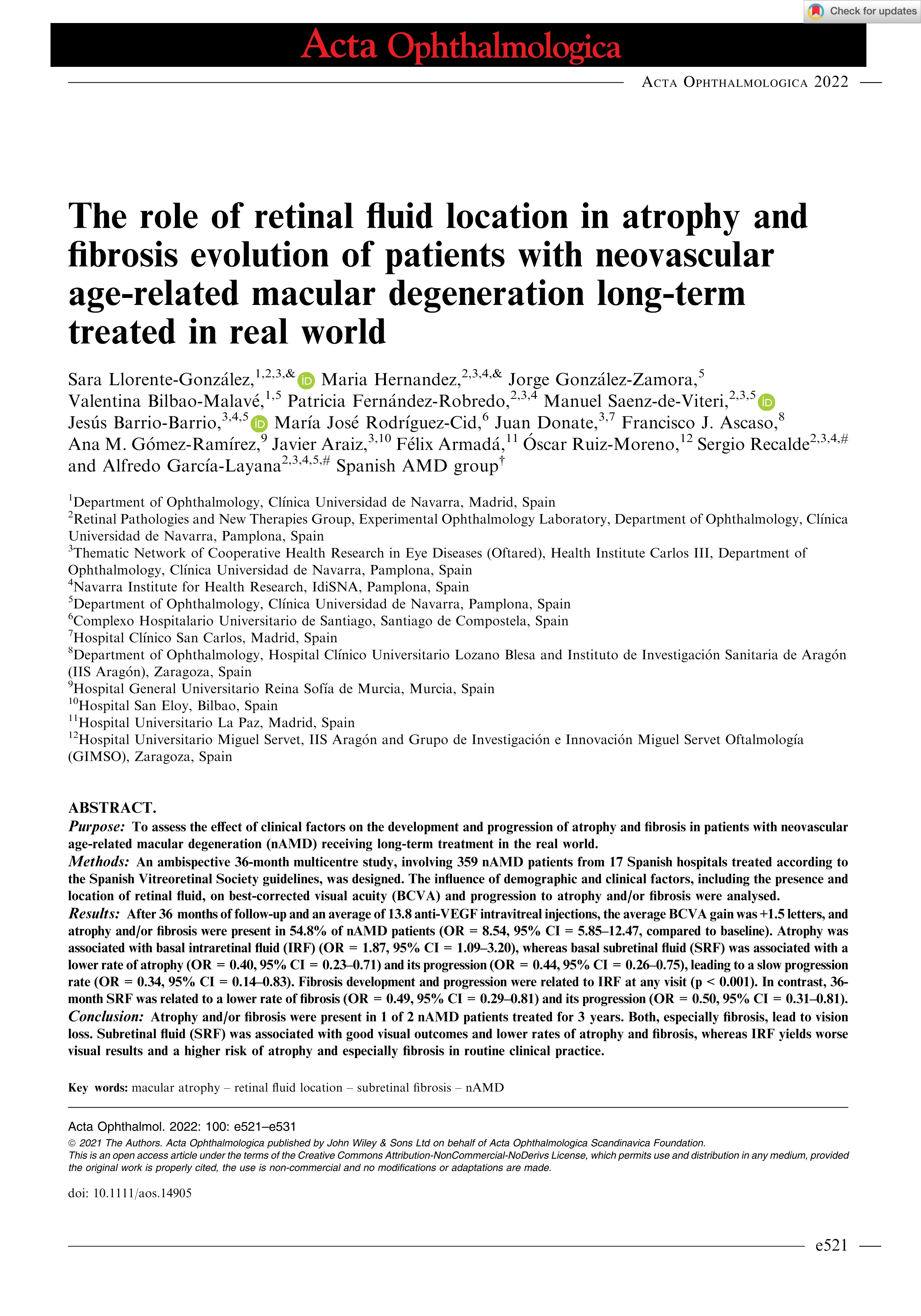 The role of retinal fluid location in atrophy and fibrosis evolution of patients with neovascular age‐related macular degeneration long‐term treated in real world