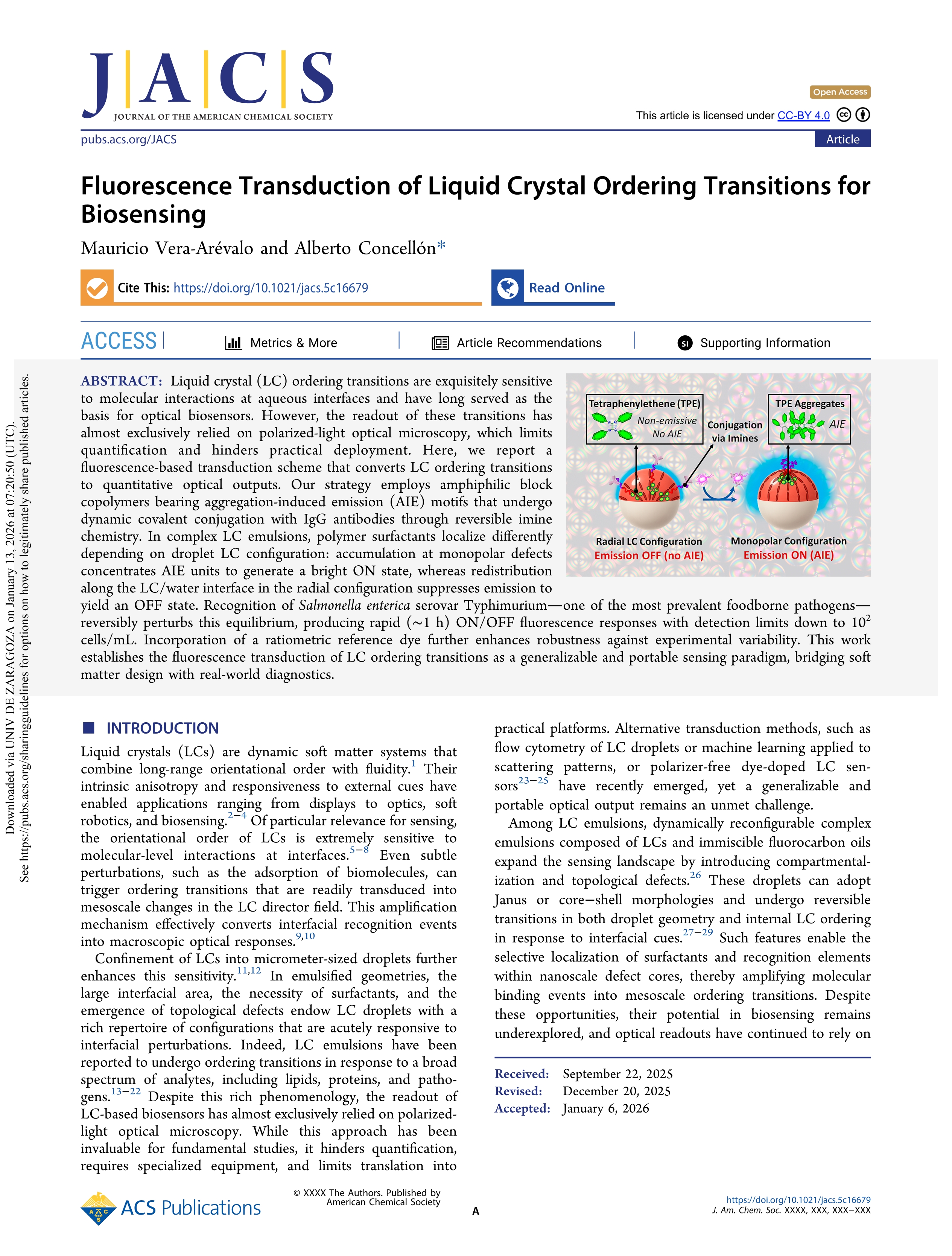 Fluorescence Transduction of Liquid Crystal Ordering Transitions for Biosensing