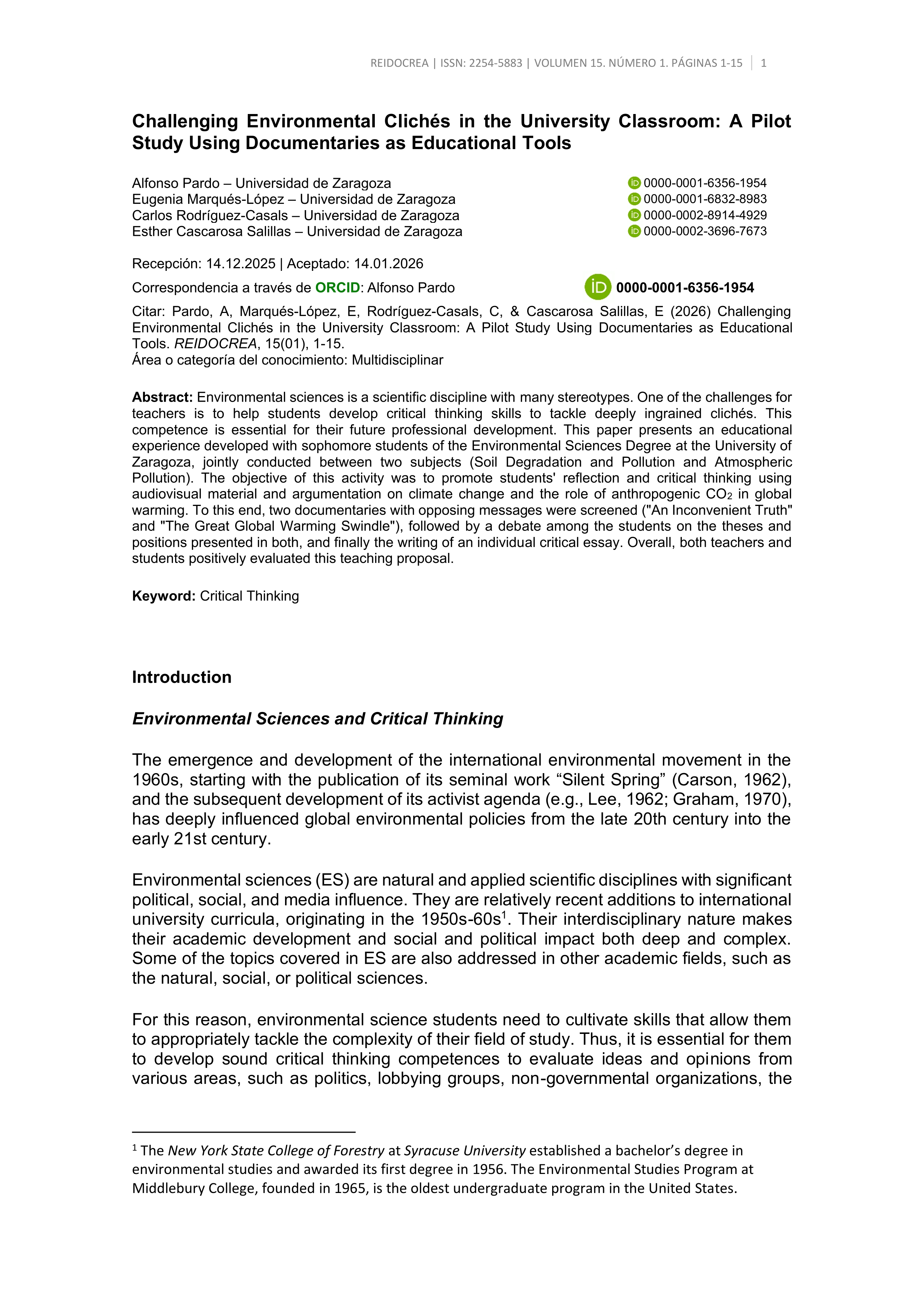 Challenging Environmental Clichés in the University Classroom: A Pilot Study Using Documentaries as Educational Tools