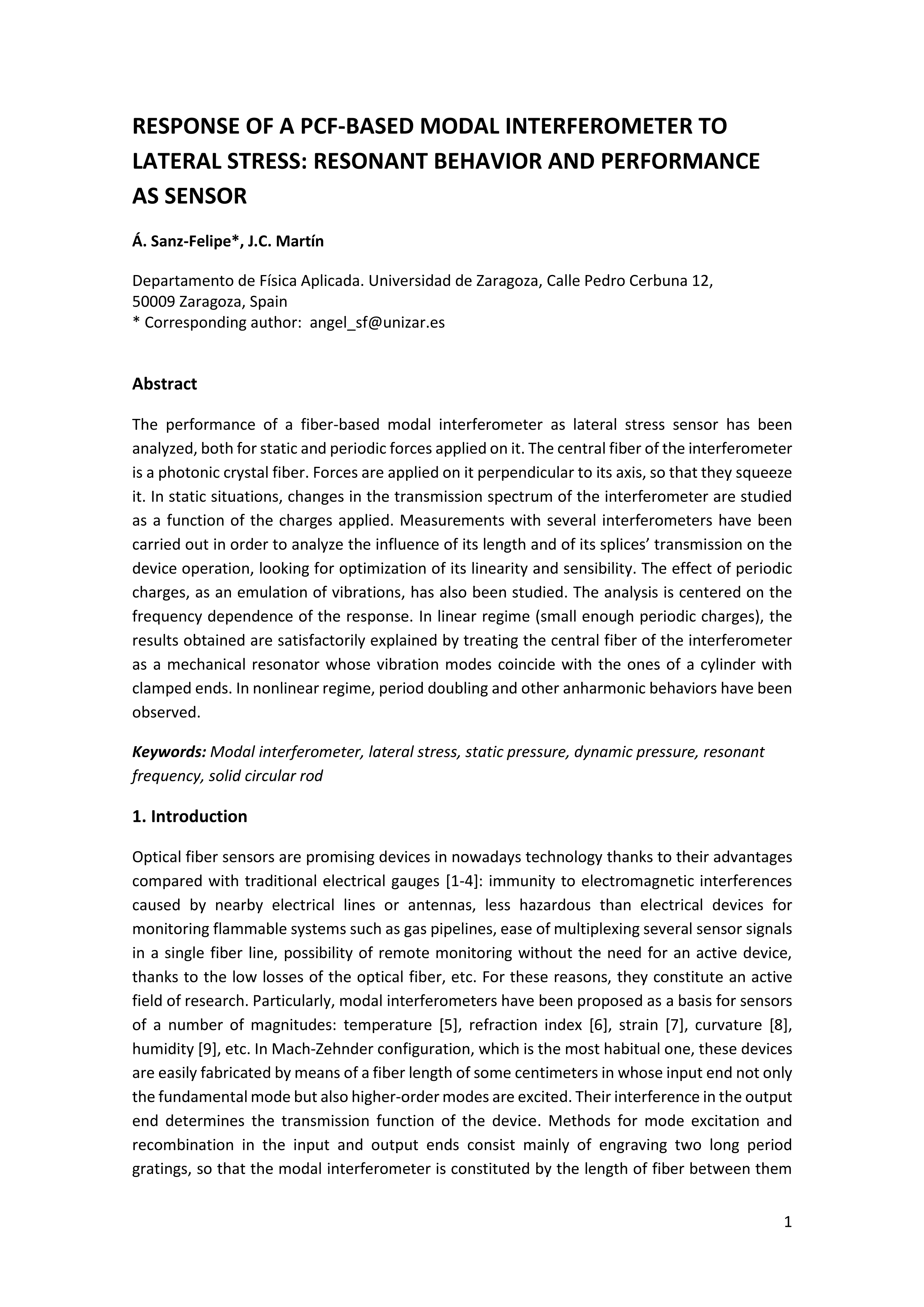 Response of a PCF-based modal interferometer to lateral stress: resonant behavior and performance as sensor