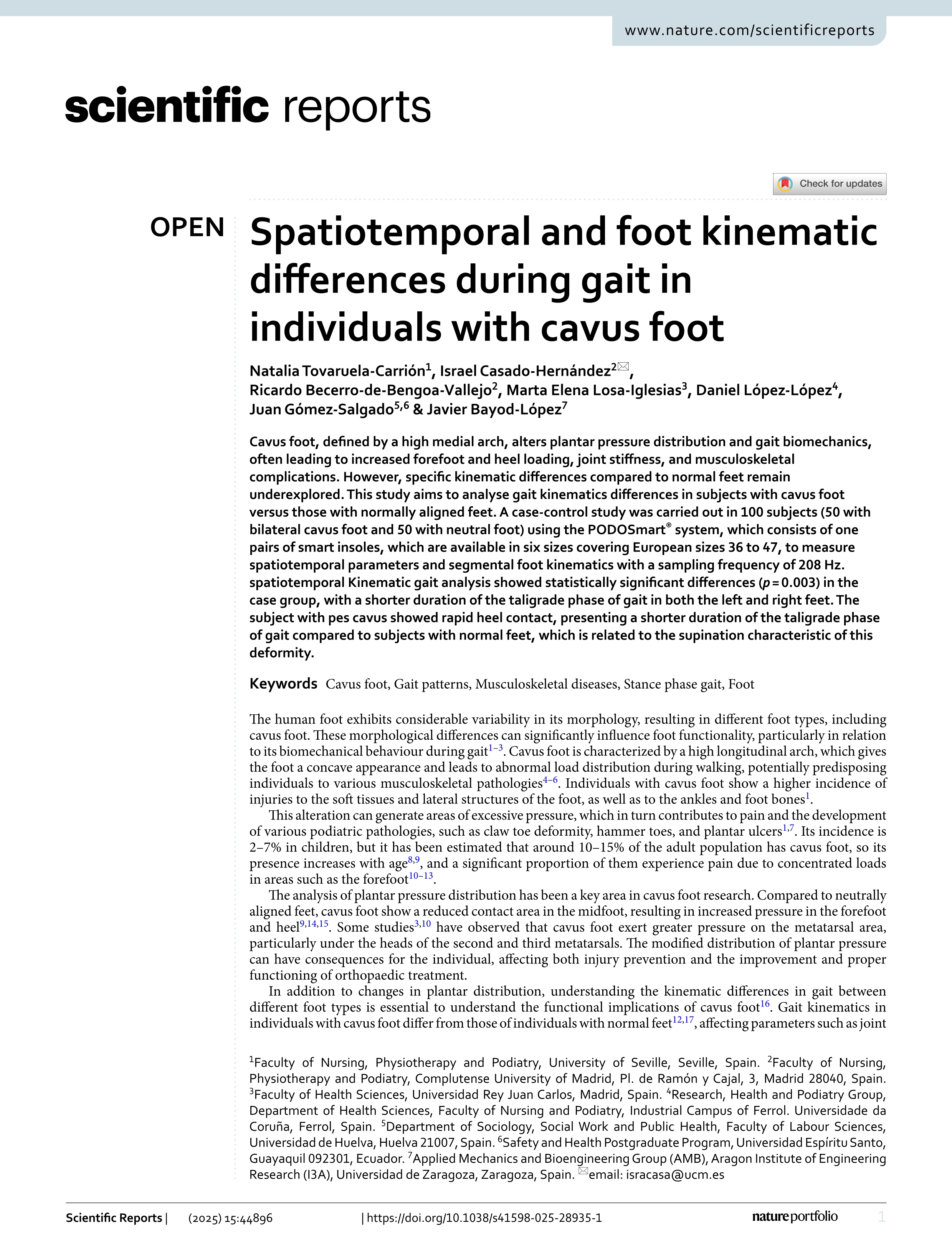 Spatiotemporal and foot kinematic differences during gait in individuals with cavus foot