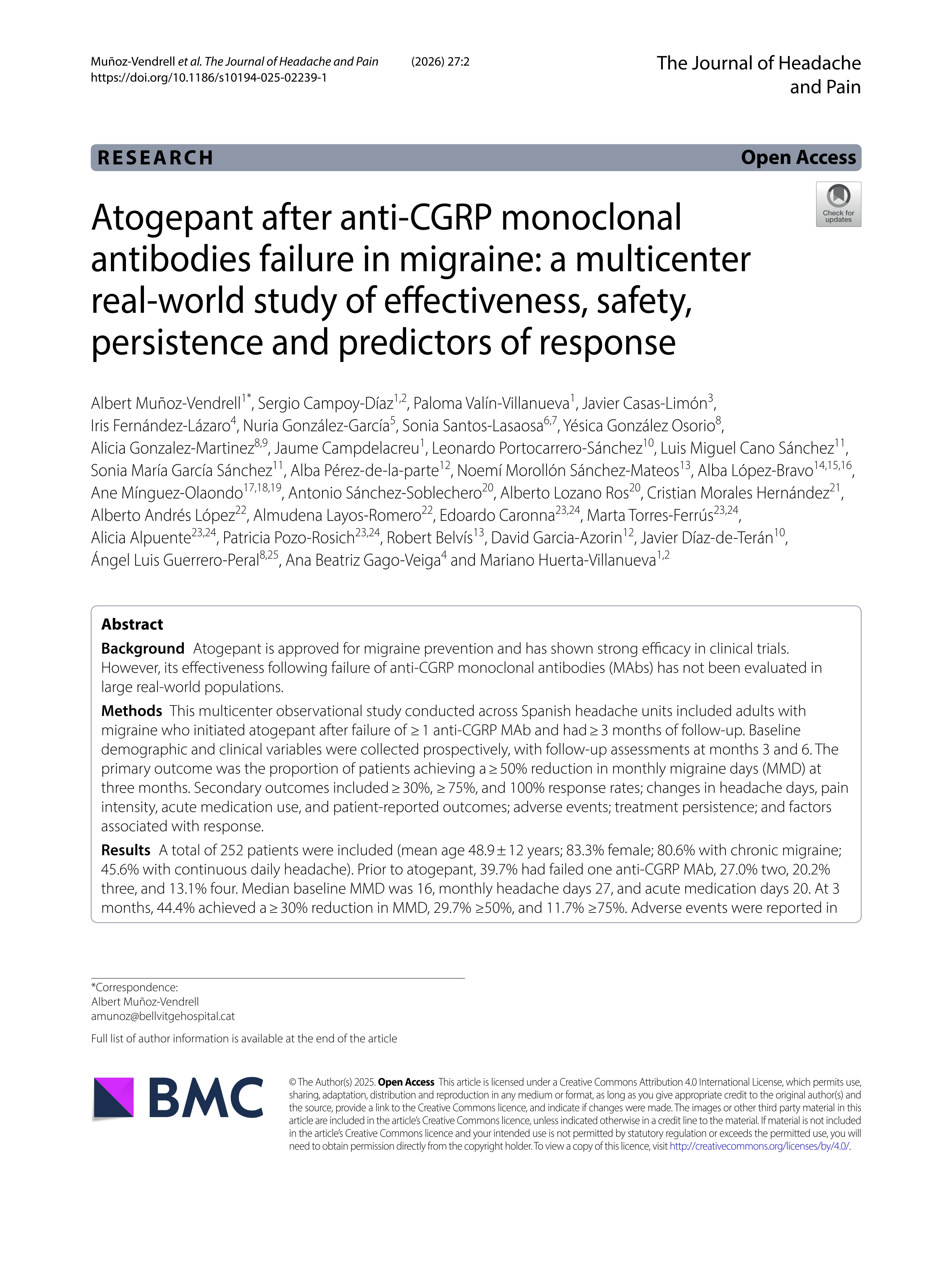 Atogepant after anti-CGRP monoclonal antibodies failure in migraine: a multicenter real-world study of effectiveness, safety, persistence and predictors of response