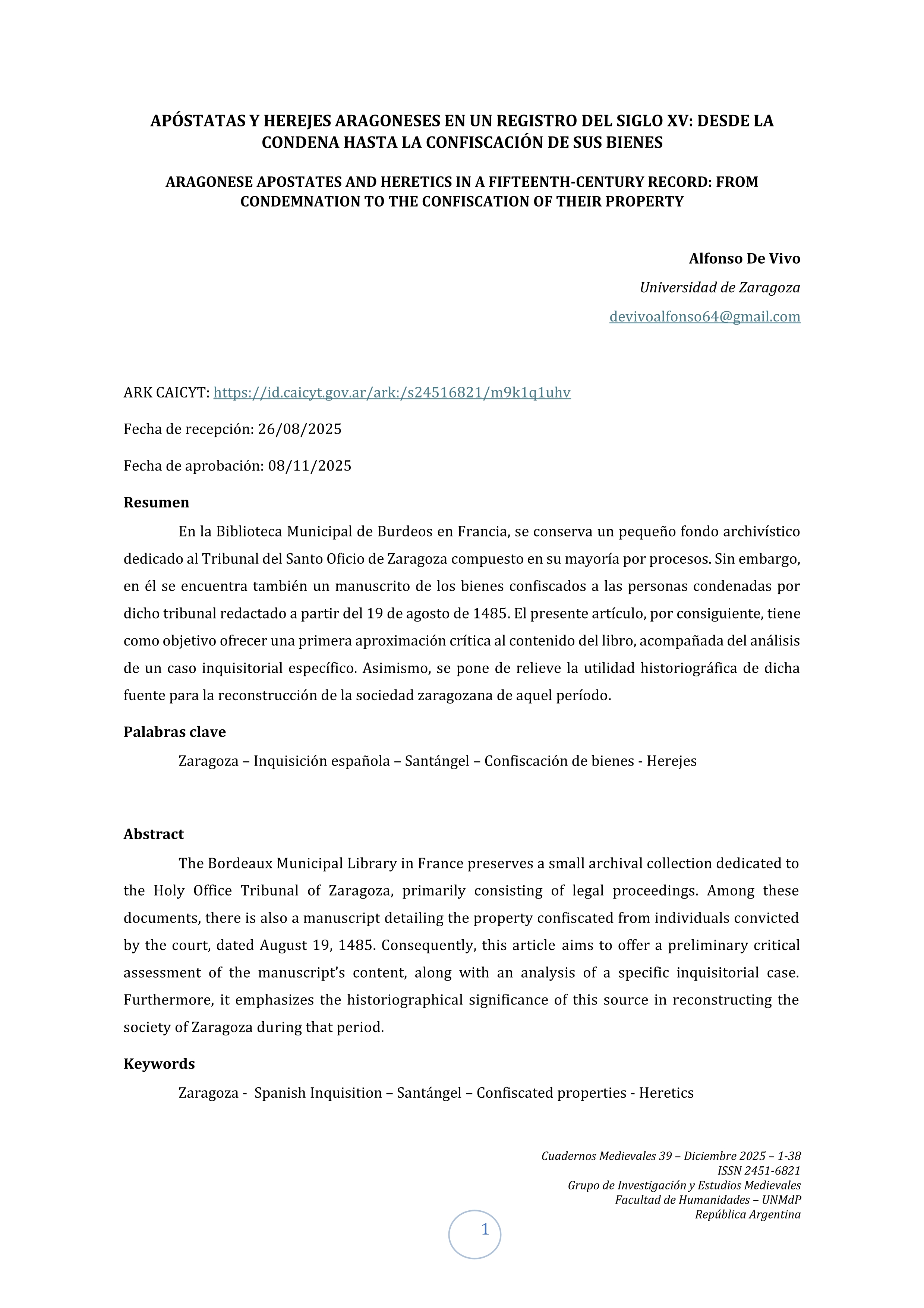 Apóstatas y herejes aragoneses en un registro del siglo XV: desde la condena hasta la confiscación de sus bienes