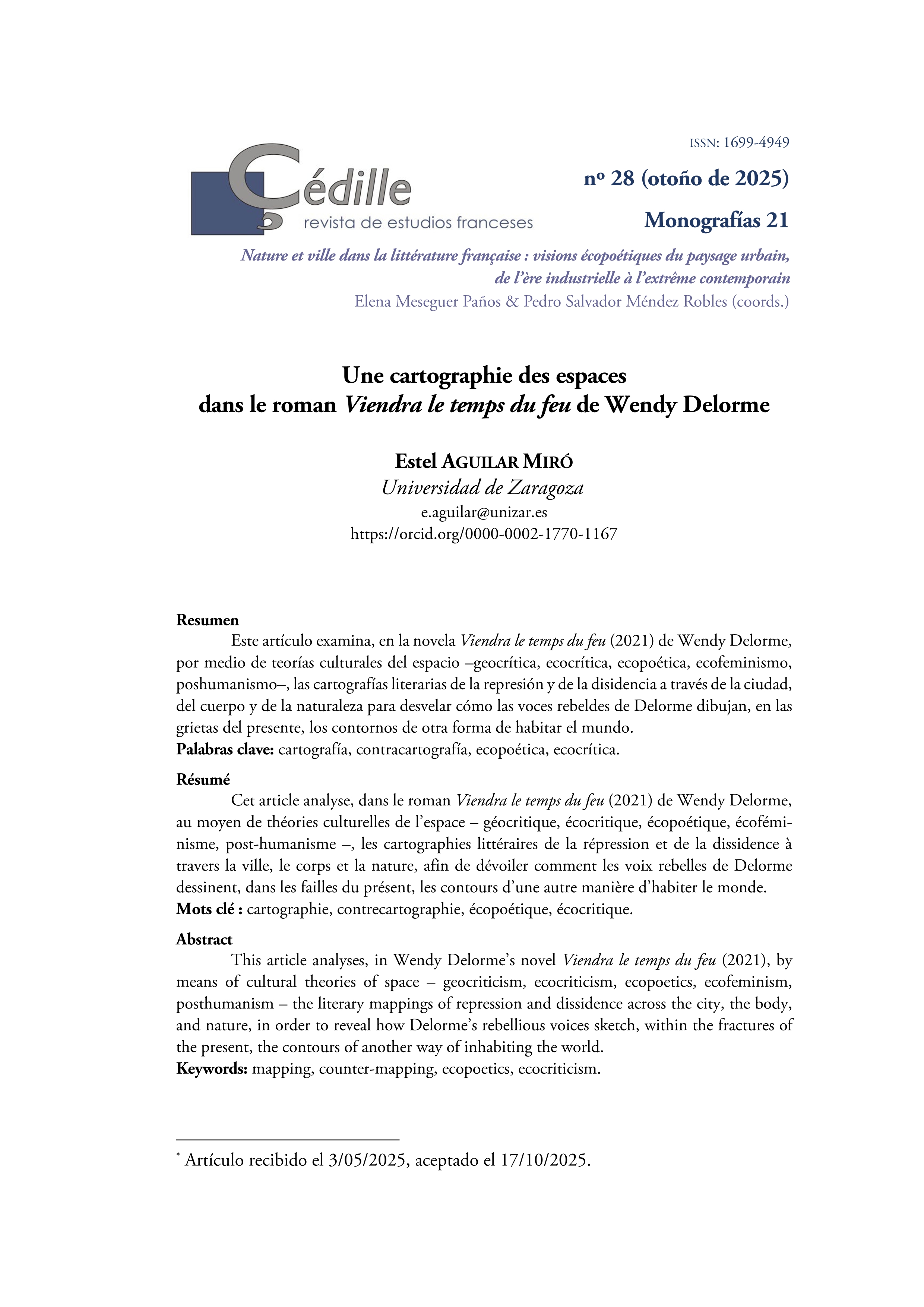 Une cartographie des espaces dans le roman Viendra le temps du feu de Wendy Delorme