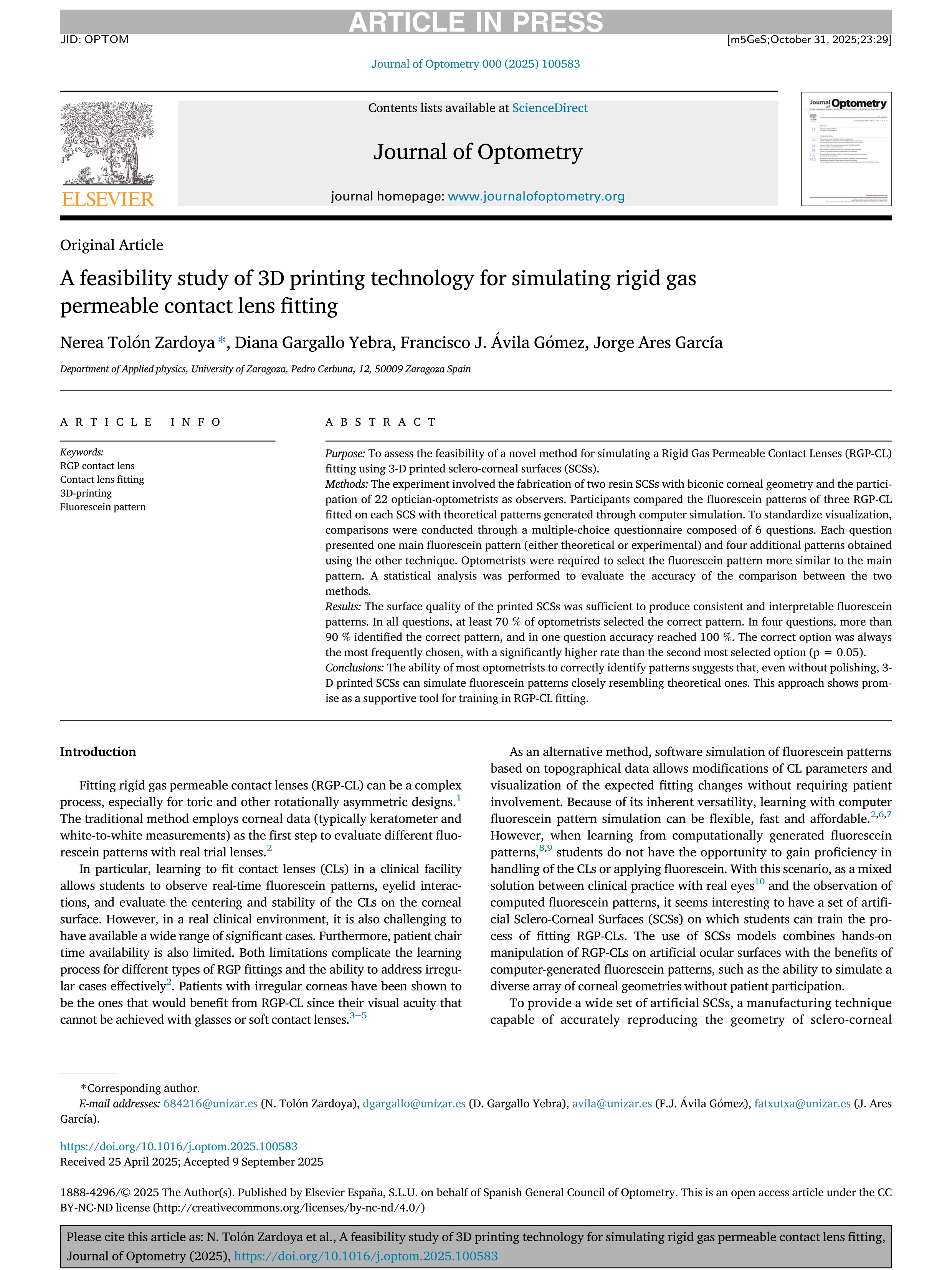 A feasibility study of 3D printing technology for simulating rigid gas permeable contact lens fitting