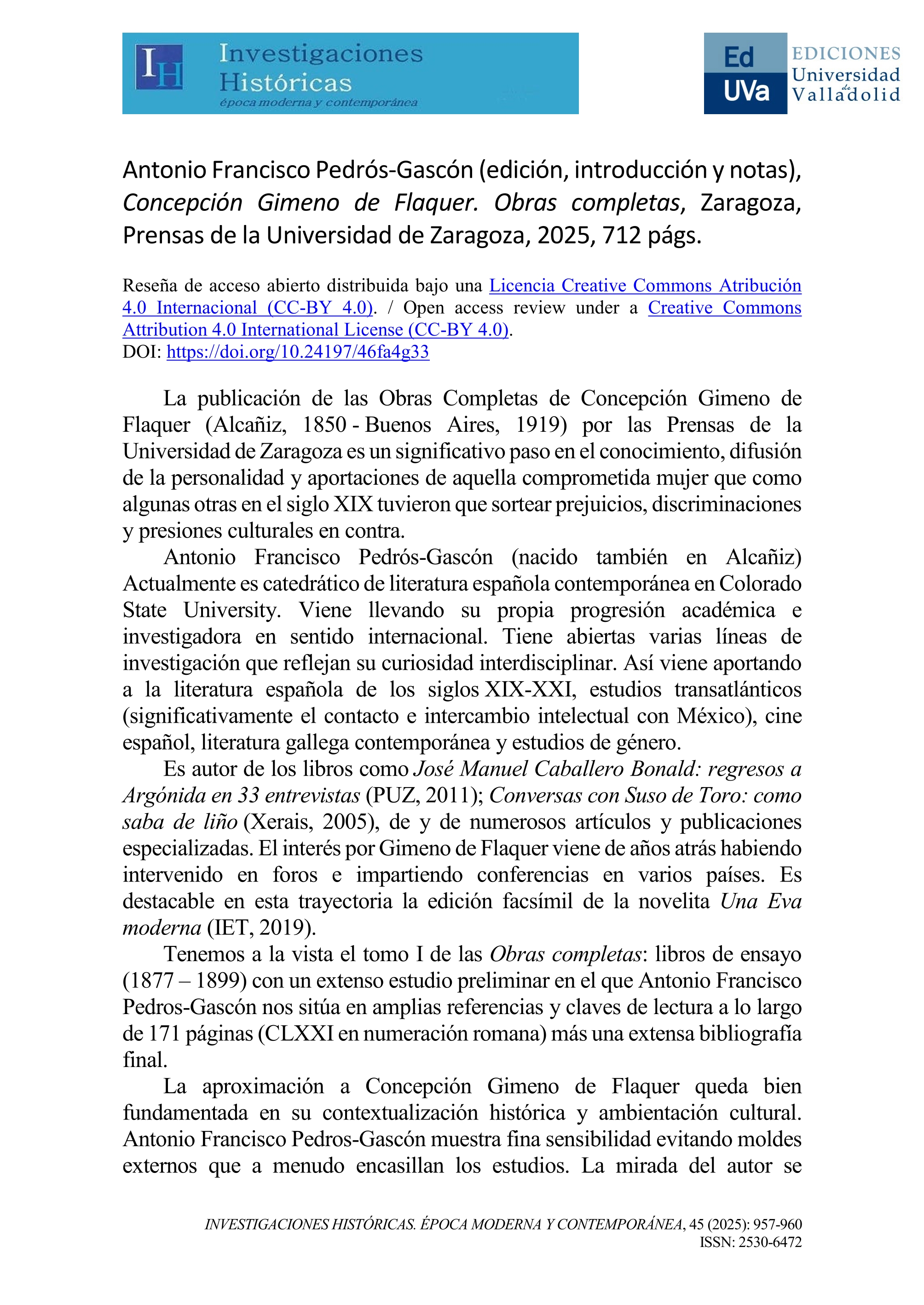 Antonio Francisco Pedrós-Gascón (edición, introducción y notas), Concepción Gimeno de Flaquer. Obras completas