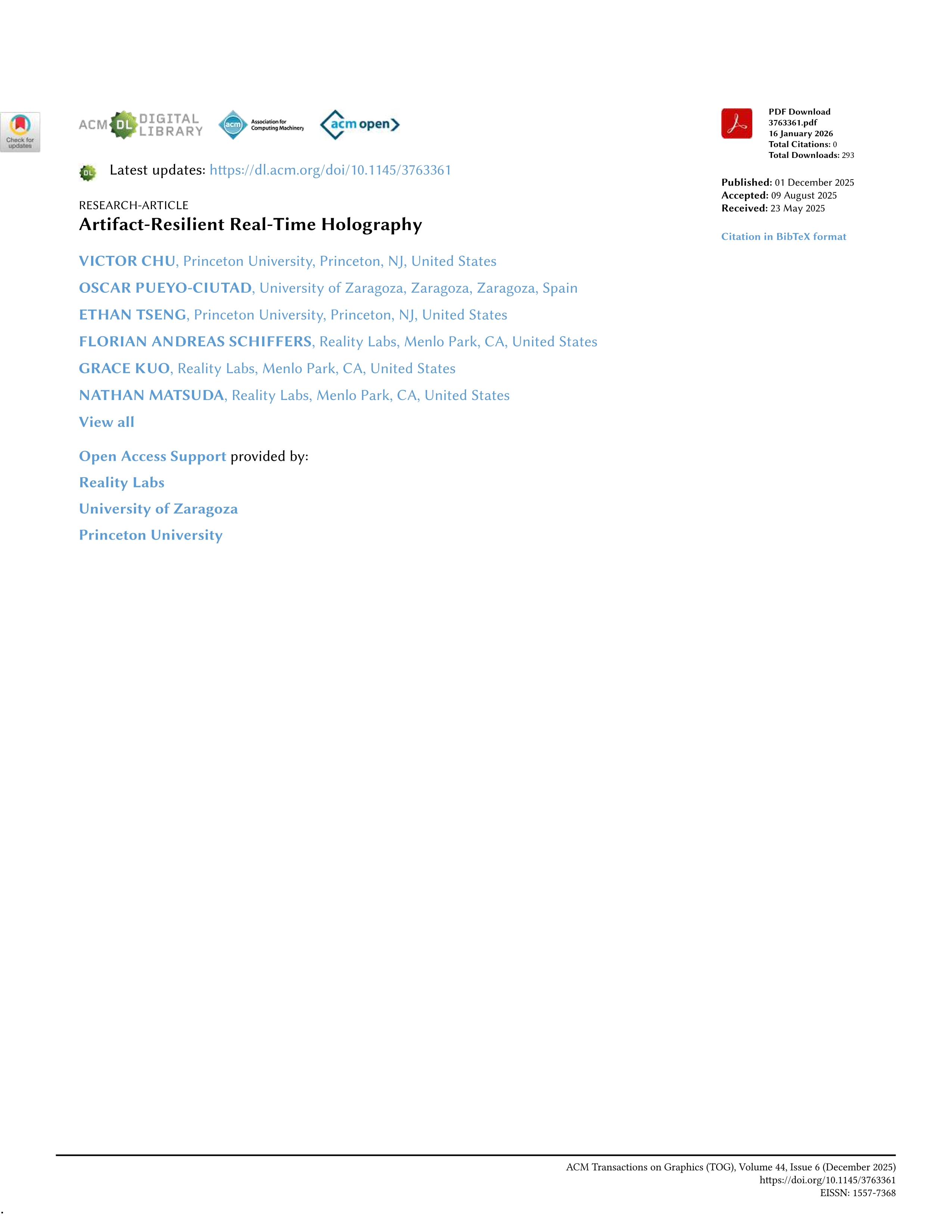 Artifact-resilient real-time holography