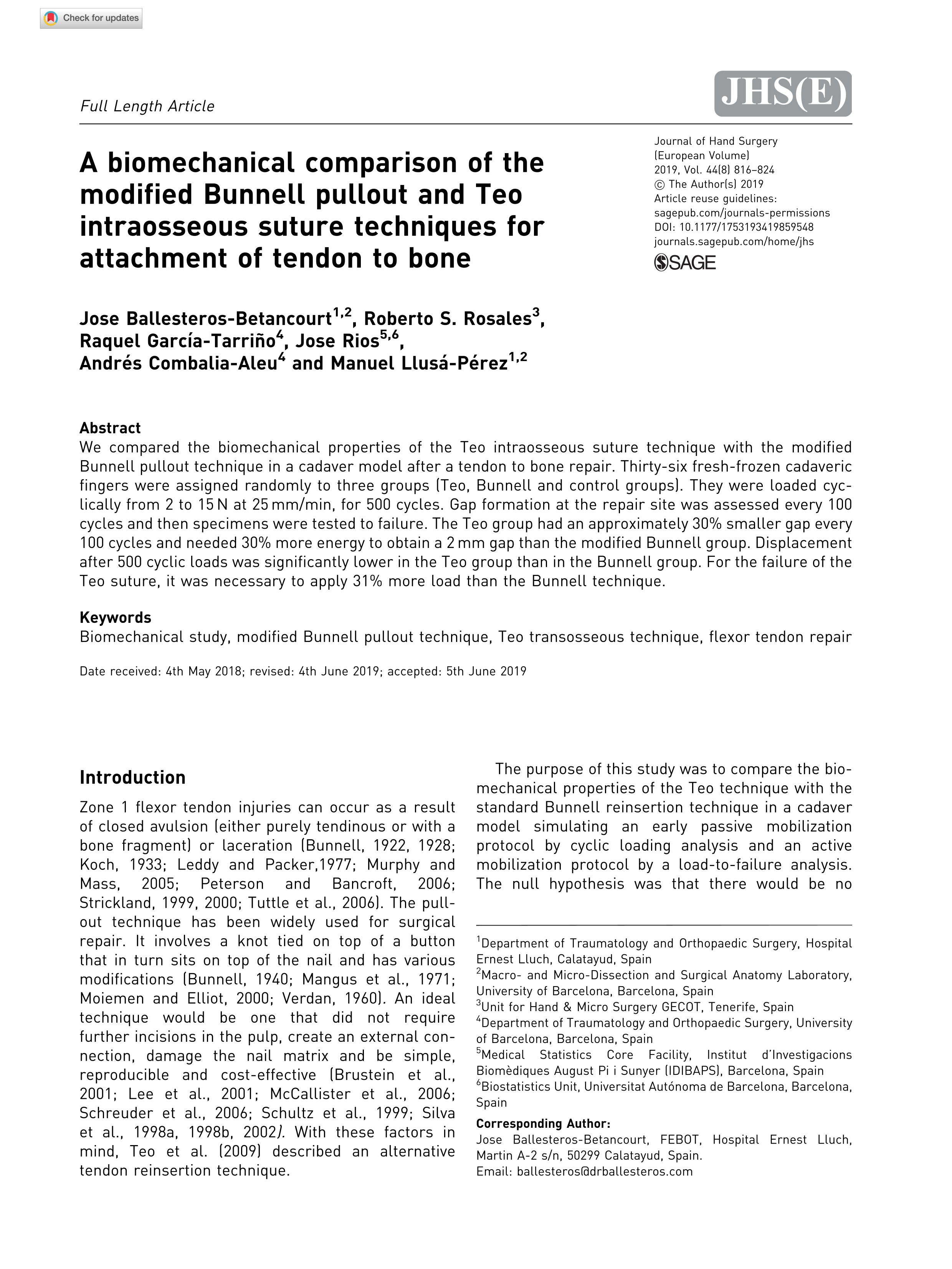 A biomechanical comparison of the modified Bunnell pullout and Teo intraosseous suture techniques for attachment of tendon to bone.
