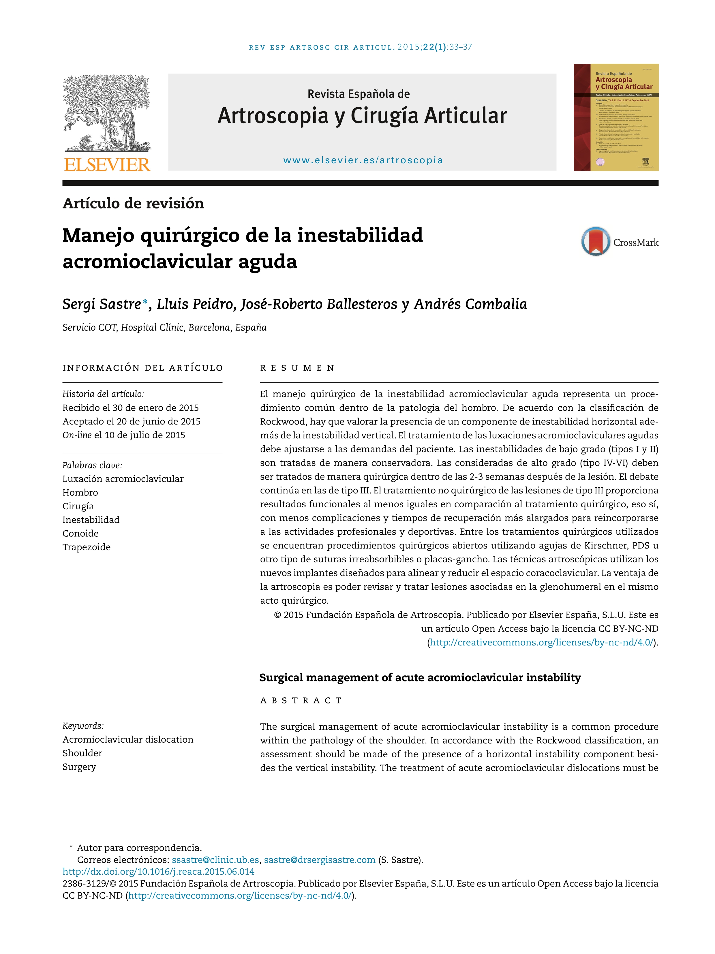 Manejo quirúrgico de la inestabilidad acromioclavicular aguda