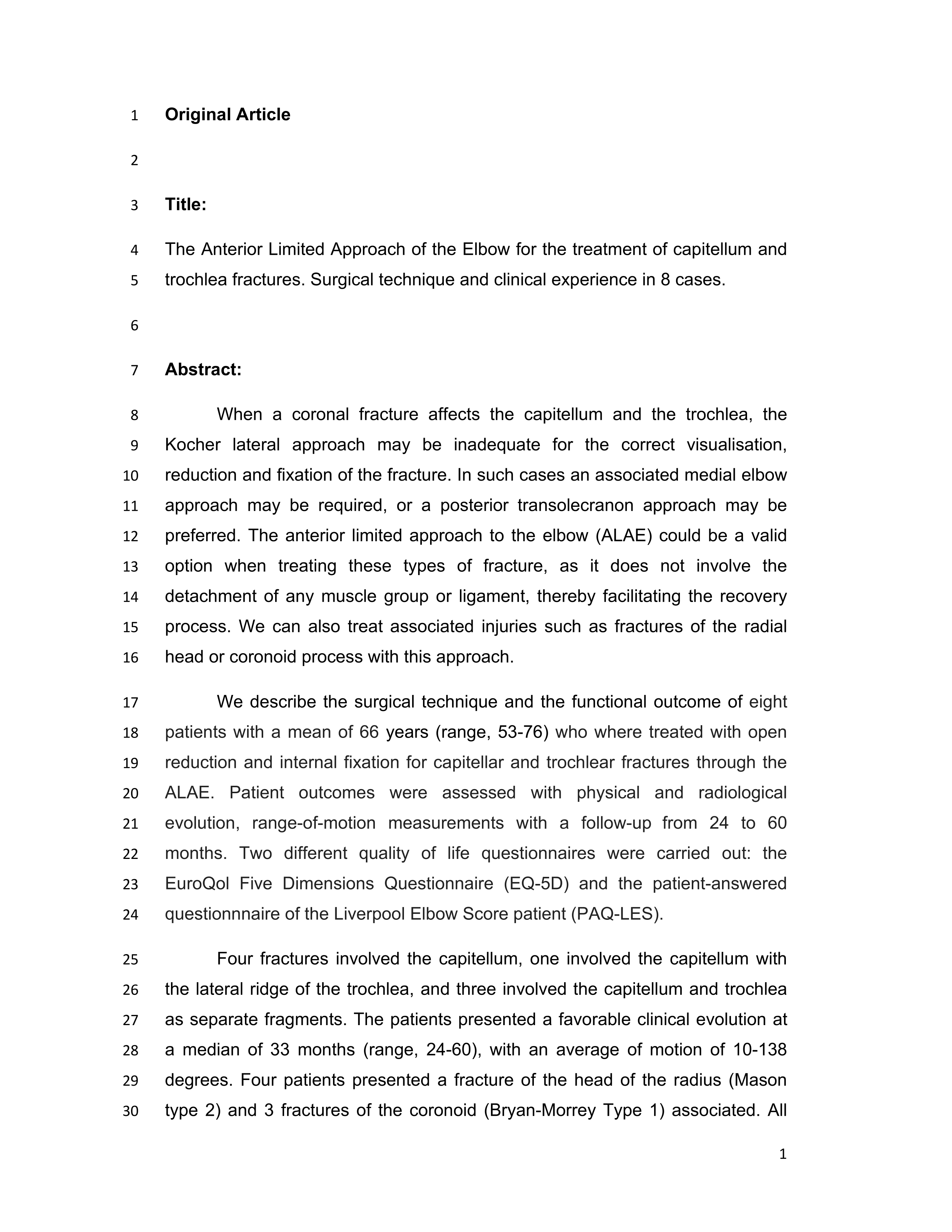The anterior limited approach of the elbow for the treatment of capitellum and trochlea fractures: Surgical technique and clinical experience in eight cases