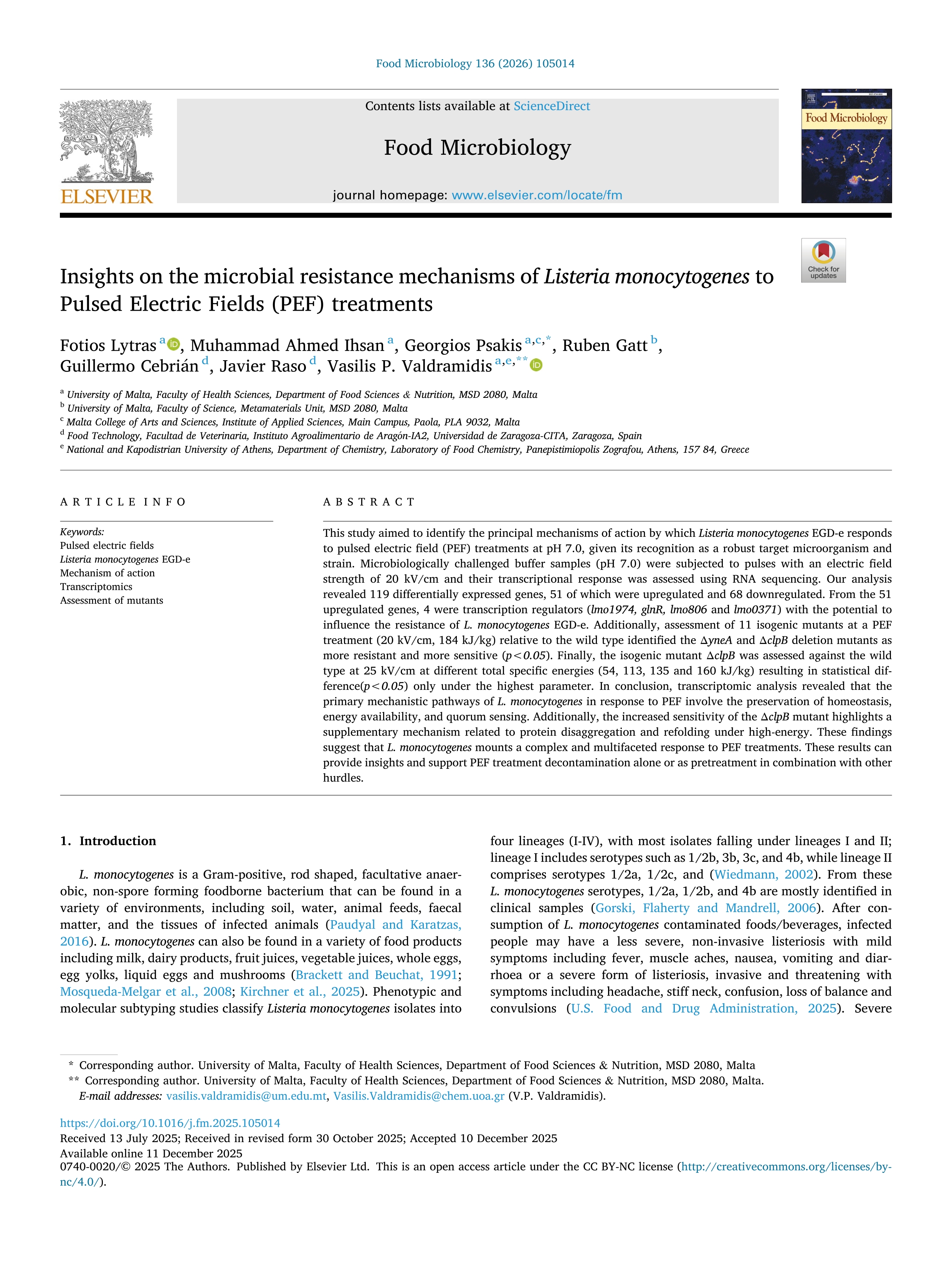 Insights on the microbial resistance mechanisms of listeria monocytogenes to Pulsed Electric Fields (PEF) treatments