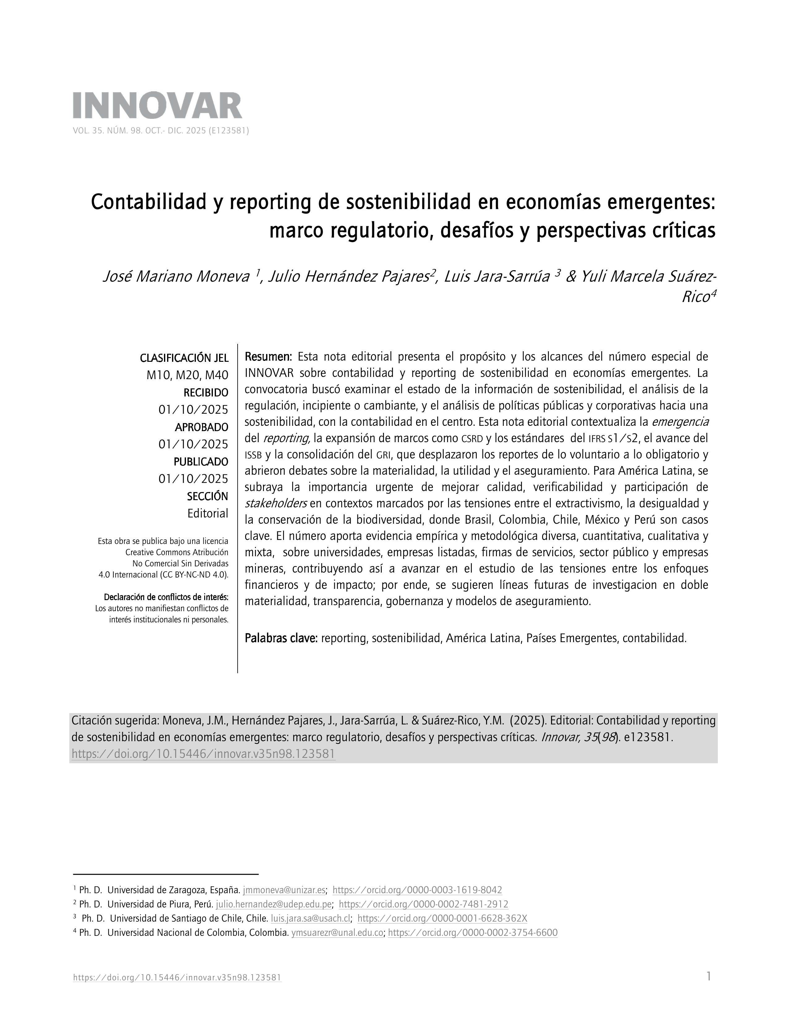 Contabilidad y reporting de sostenibilidad en economías emergentes: marco regulatorio, desafíos y perspectivas críticas