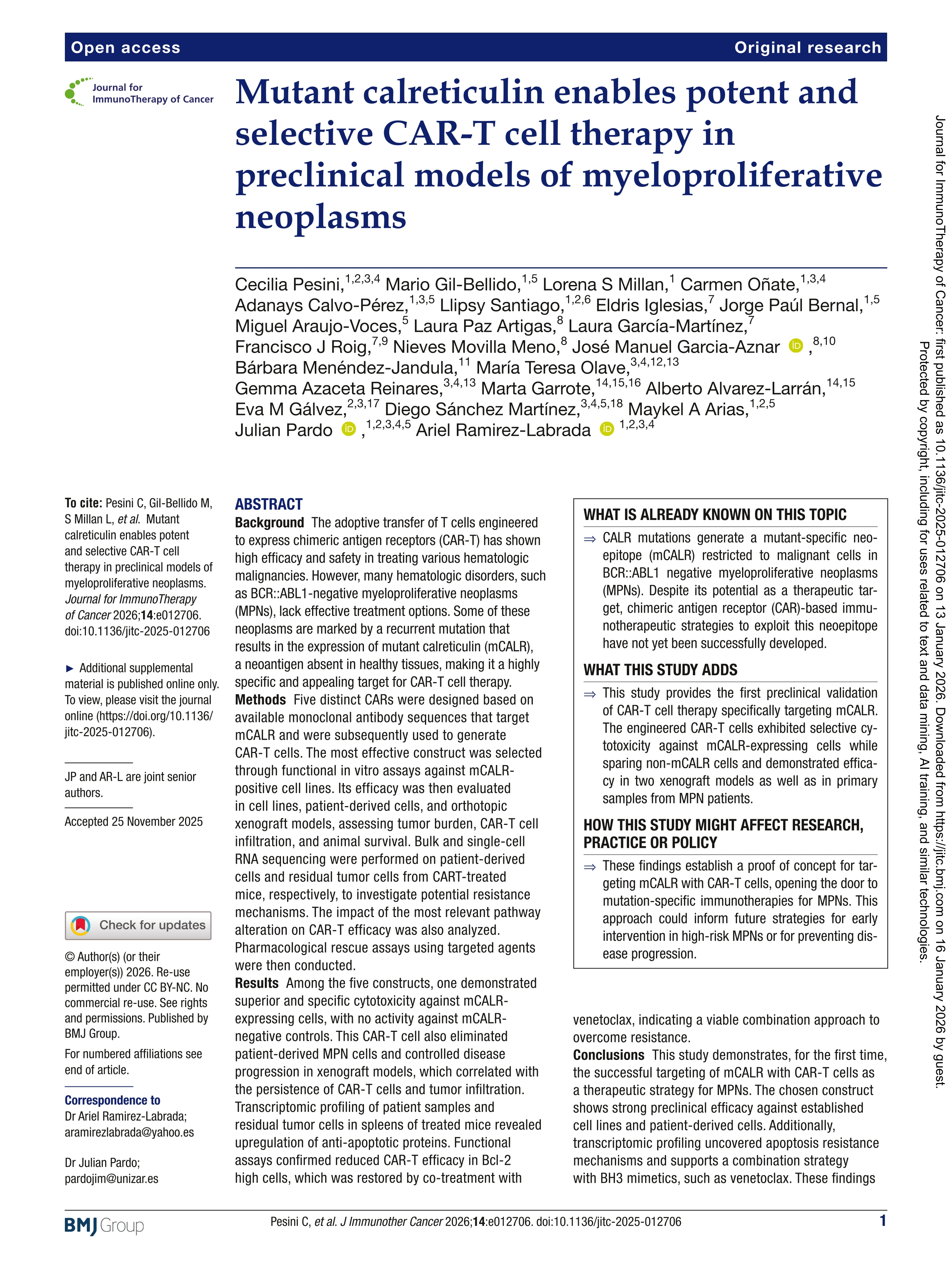 Mutant calreticulin enables potent and selective CAR-T cell therapy in preclinical models of myeloproliferative neoplasms