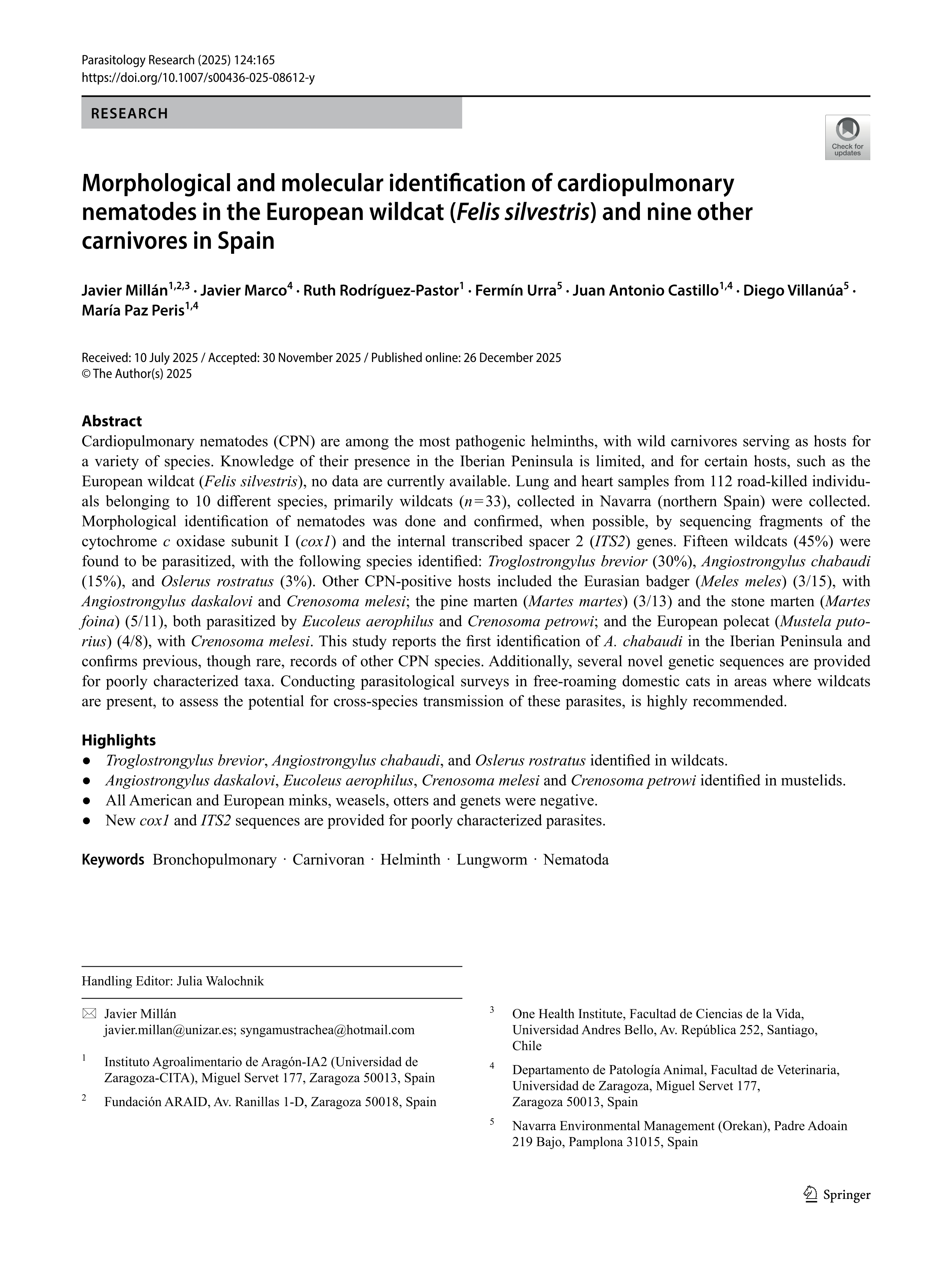 Morphological and molecular identification of cardiopulmonary nematodes in the European wildcat (Felis silvestris) and nine other carnivores in Spain