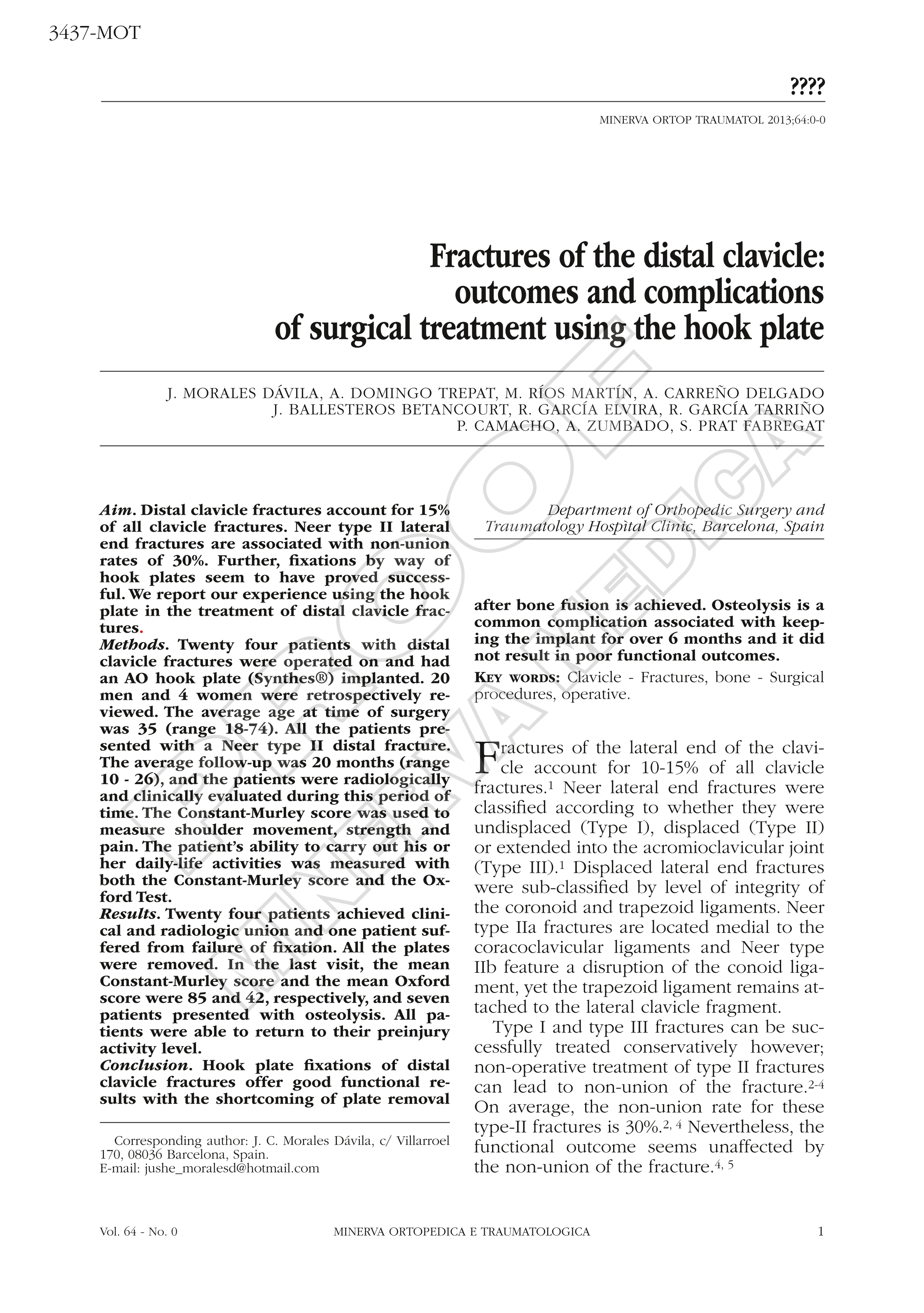 Fractures of the distal clavicle: outcomes and complications of surgical treatment using the hook plate