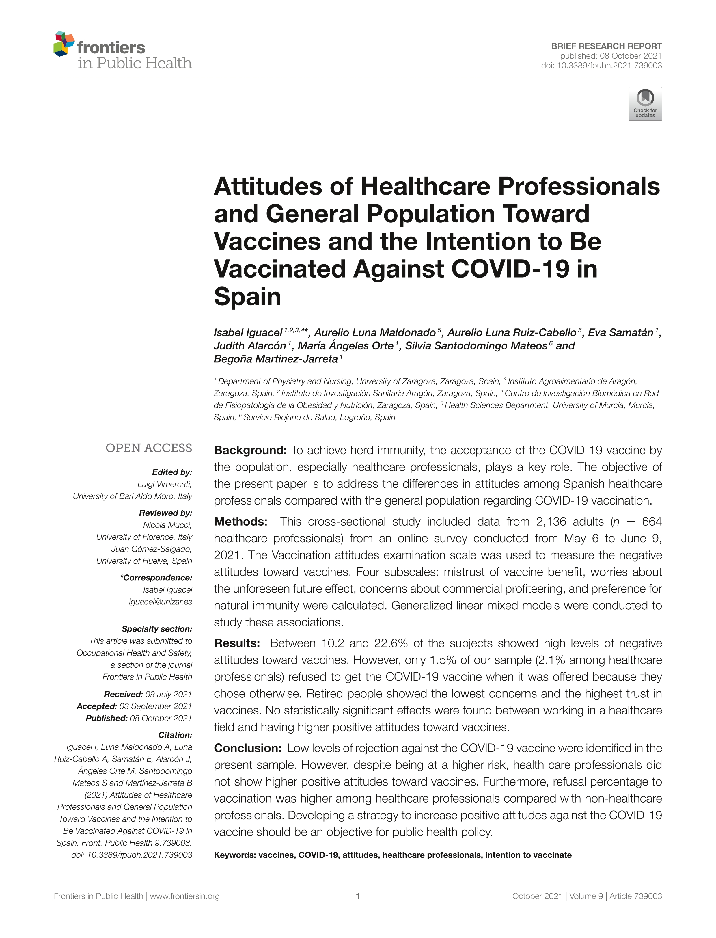 Attitudes of Healthcare Professionals and General Population Toward Vaccines and the Intention to Be Vaccinated Against COVID-19 in Spain