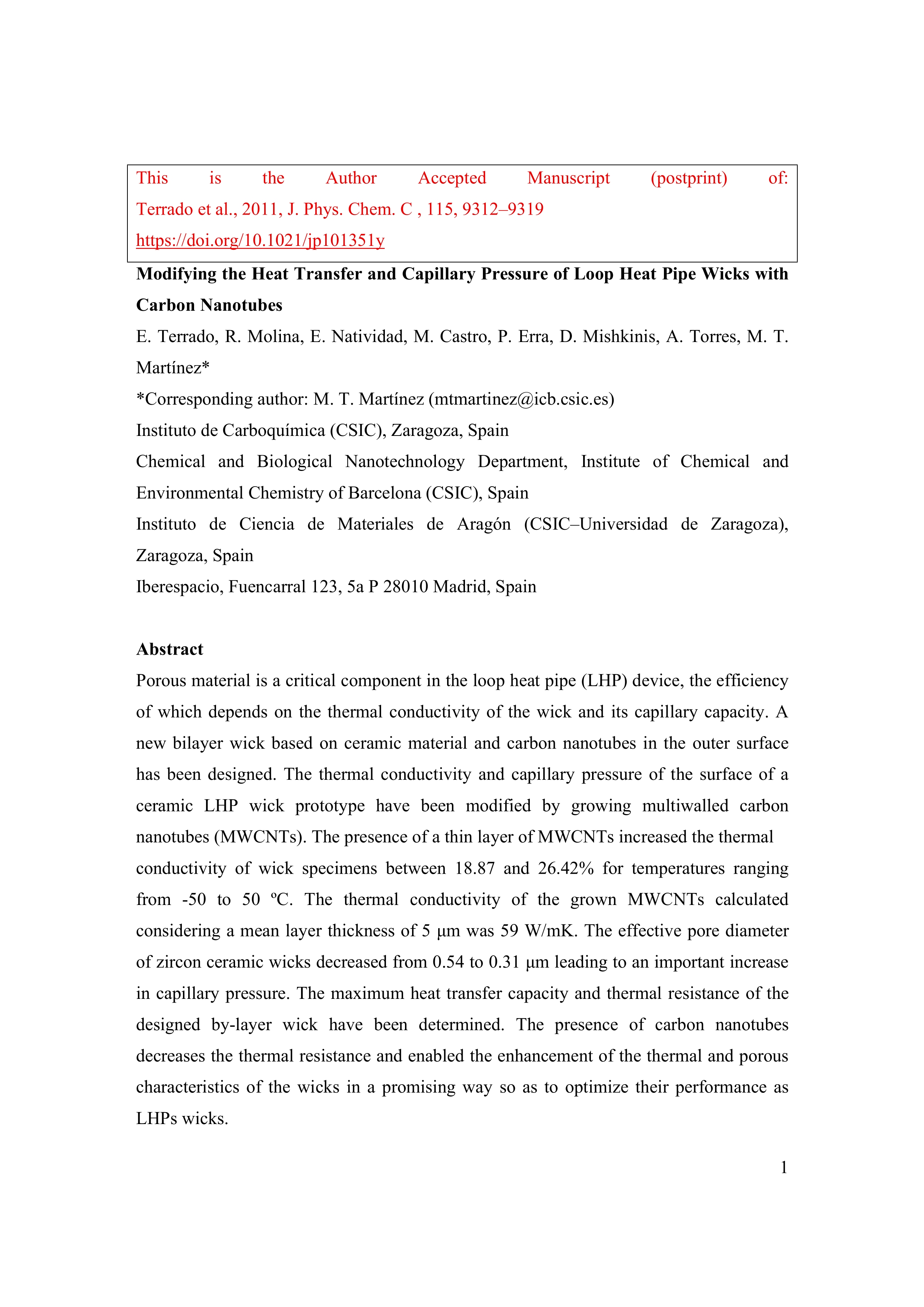 Modifying the heat transfer and capillary pressure of loop heat pipe wicks with carbon nanotubes