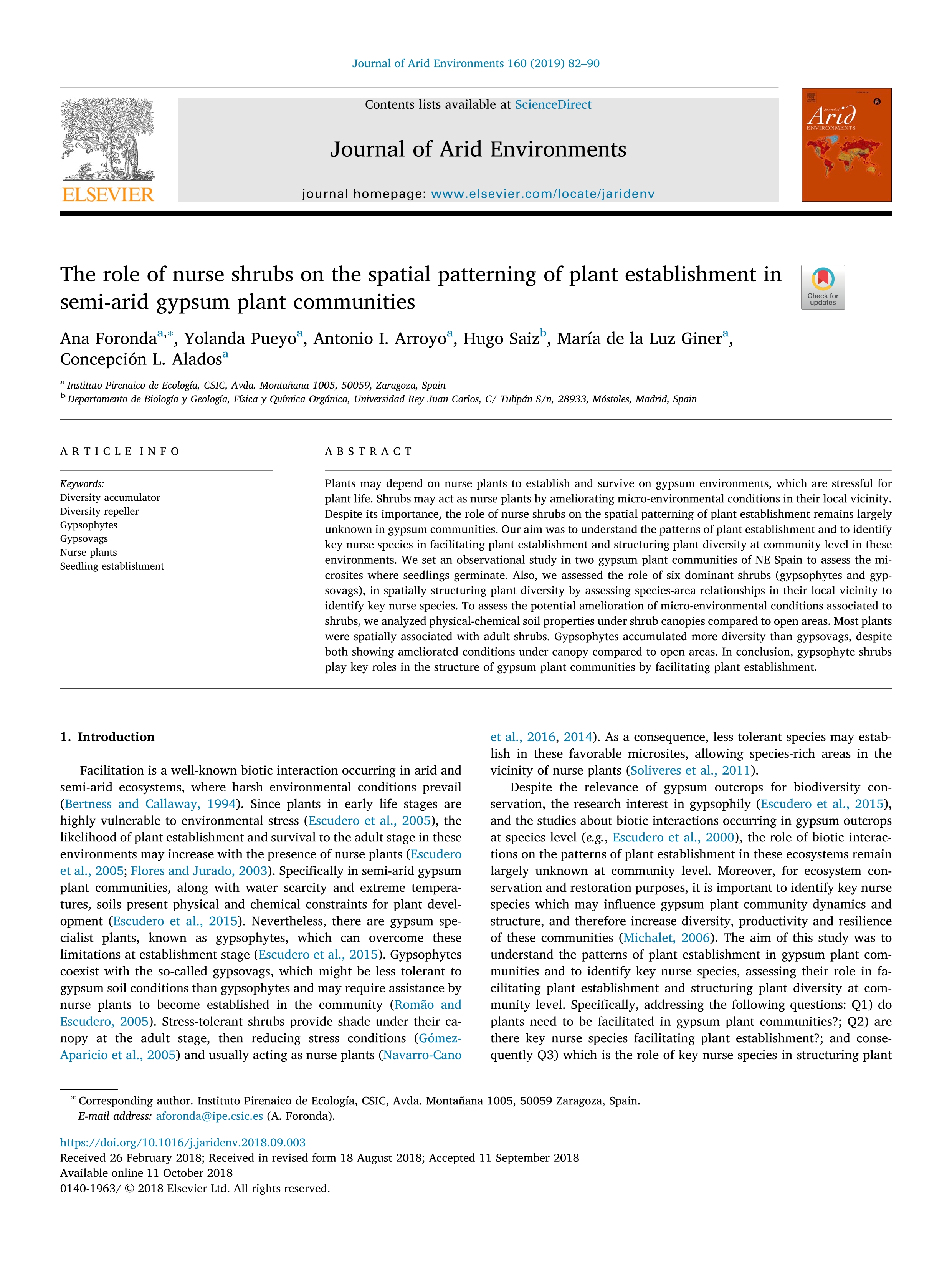 The role of nurse shrubs on the spatial patterning of plant establishment in semi-arid gypsum plant communities