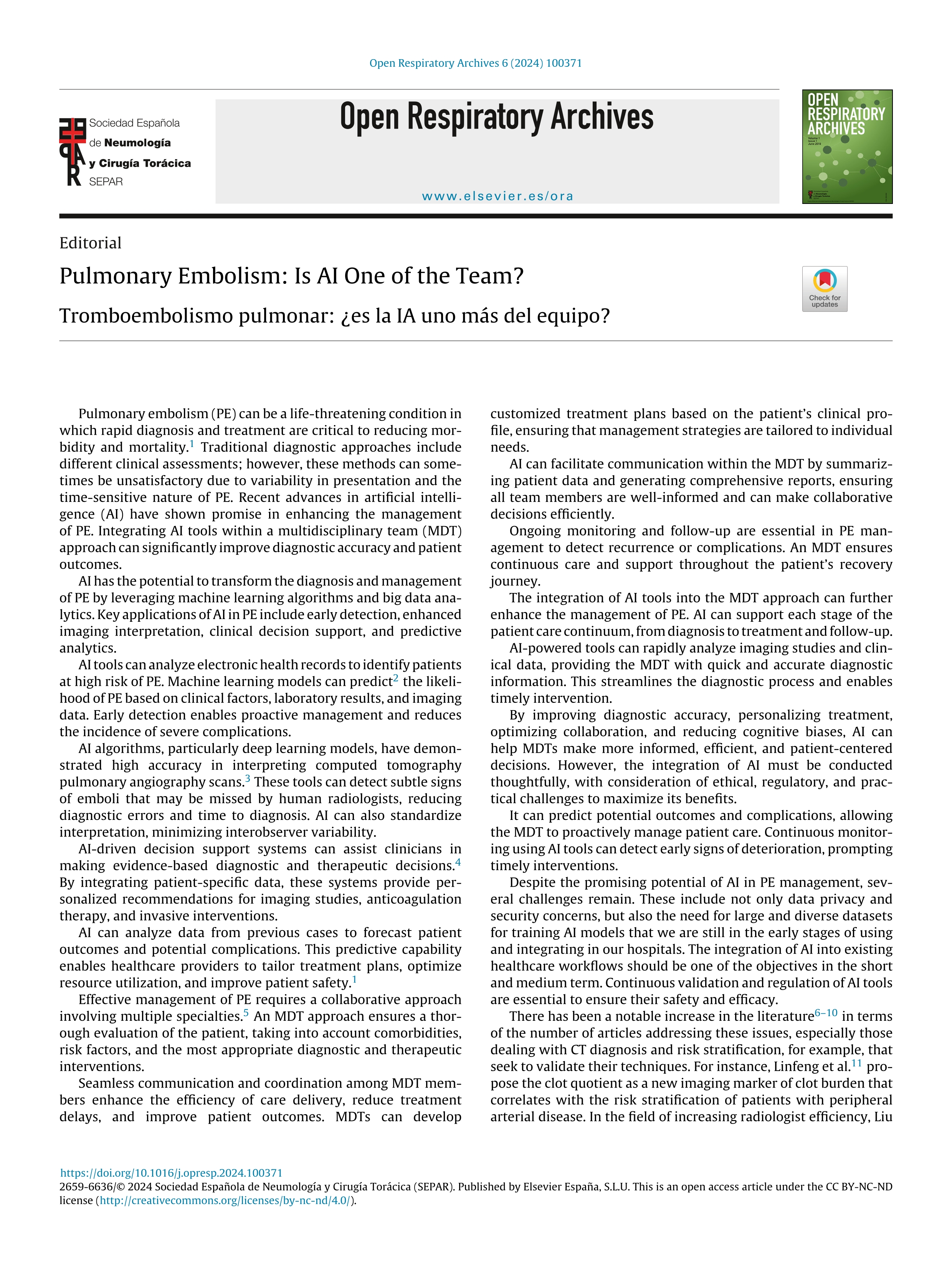 Pulmonary Embolism: Is AI One of the Team?