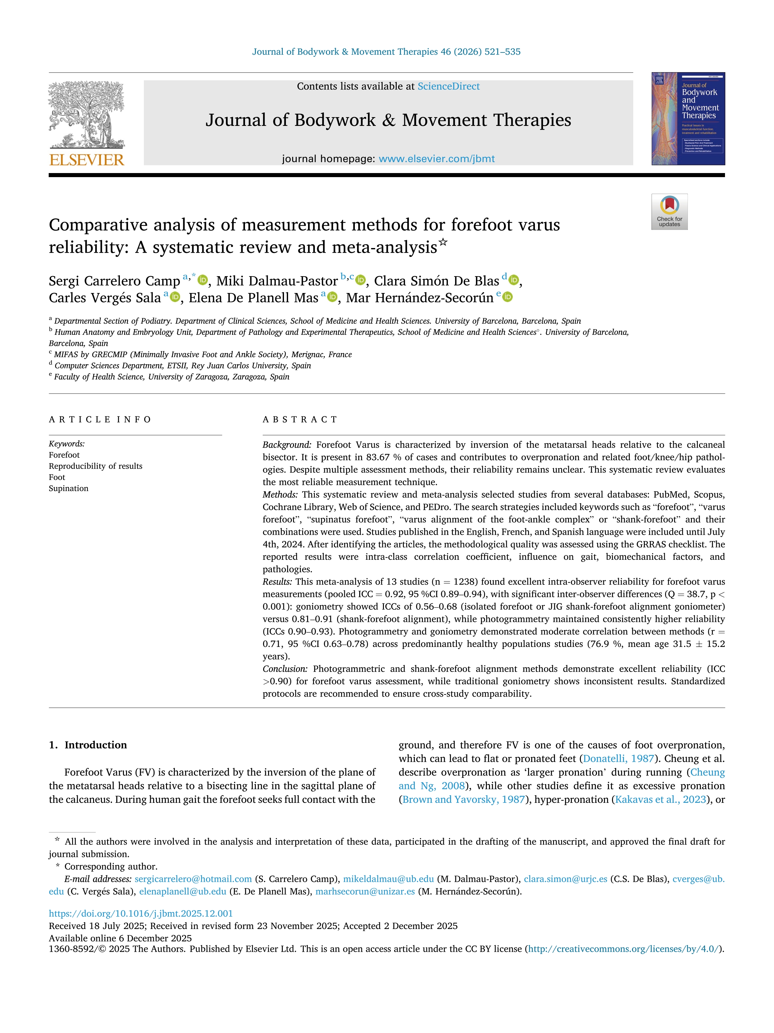 Comparative analysis of measurement methods for forefoot varus reliability: A systematic review and meta-analysis