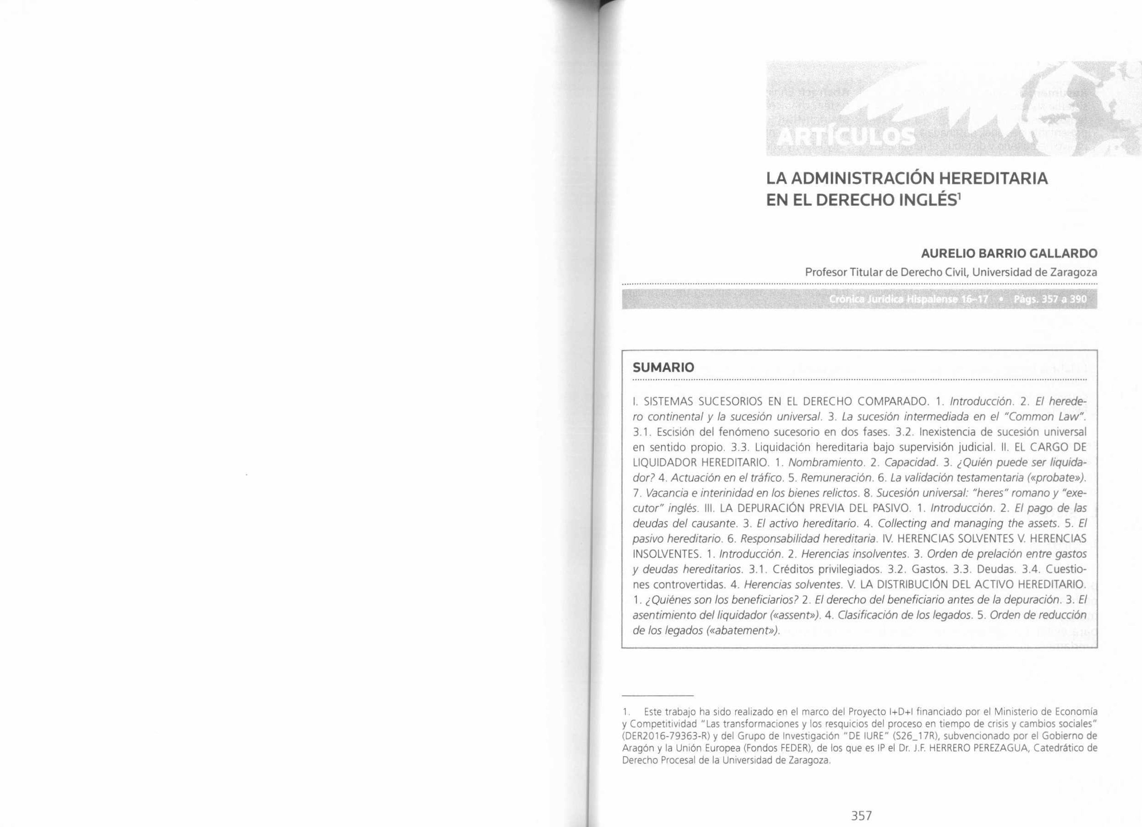 La administración hereditaria en el derecho inglés