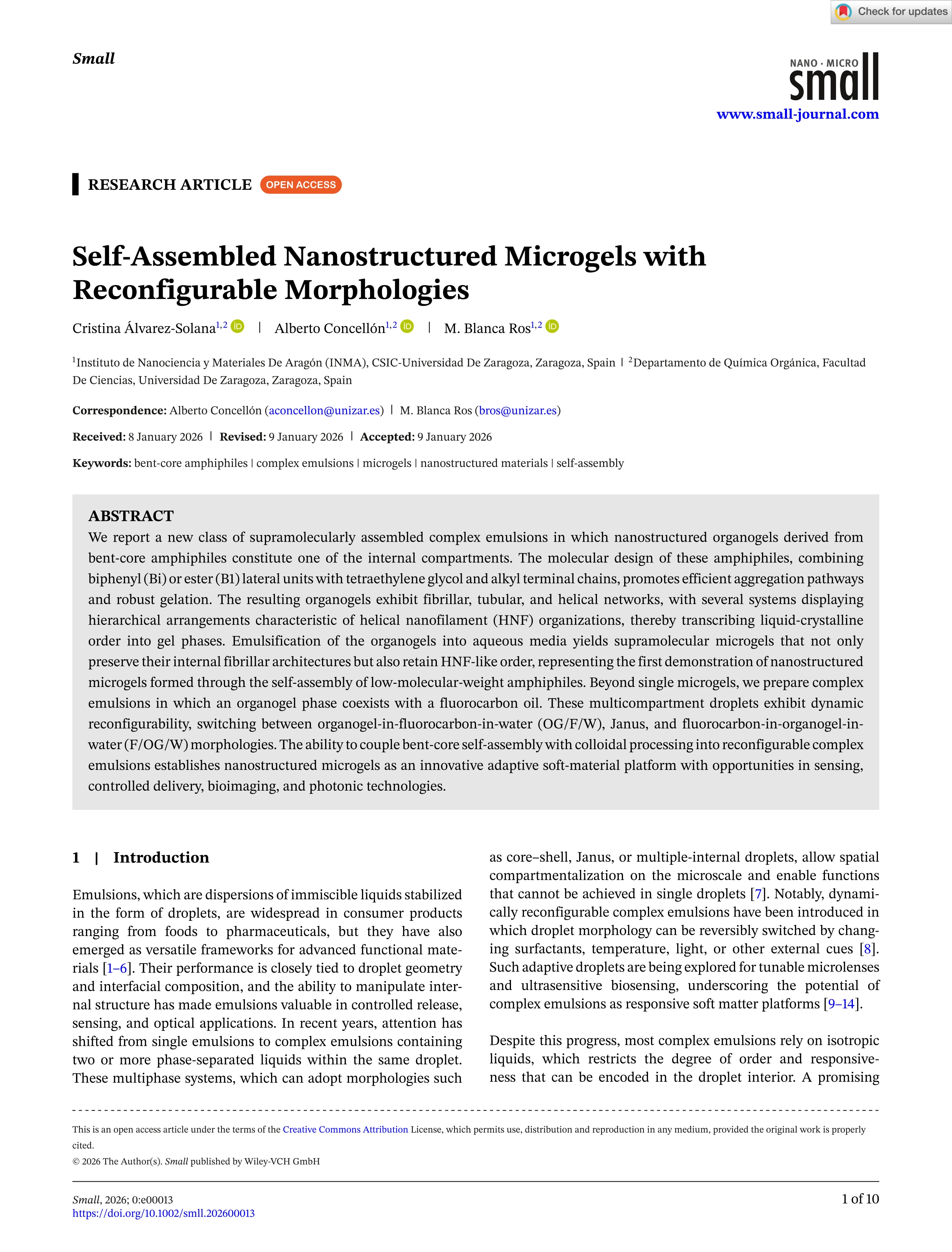 Self‐Assembled Nanostructured Microgels with Reconfigurable Morphologies