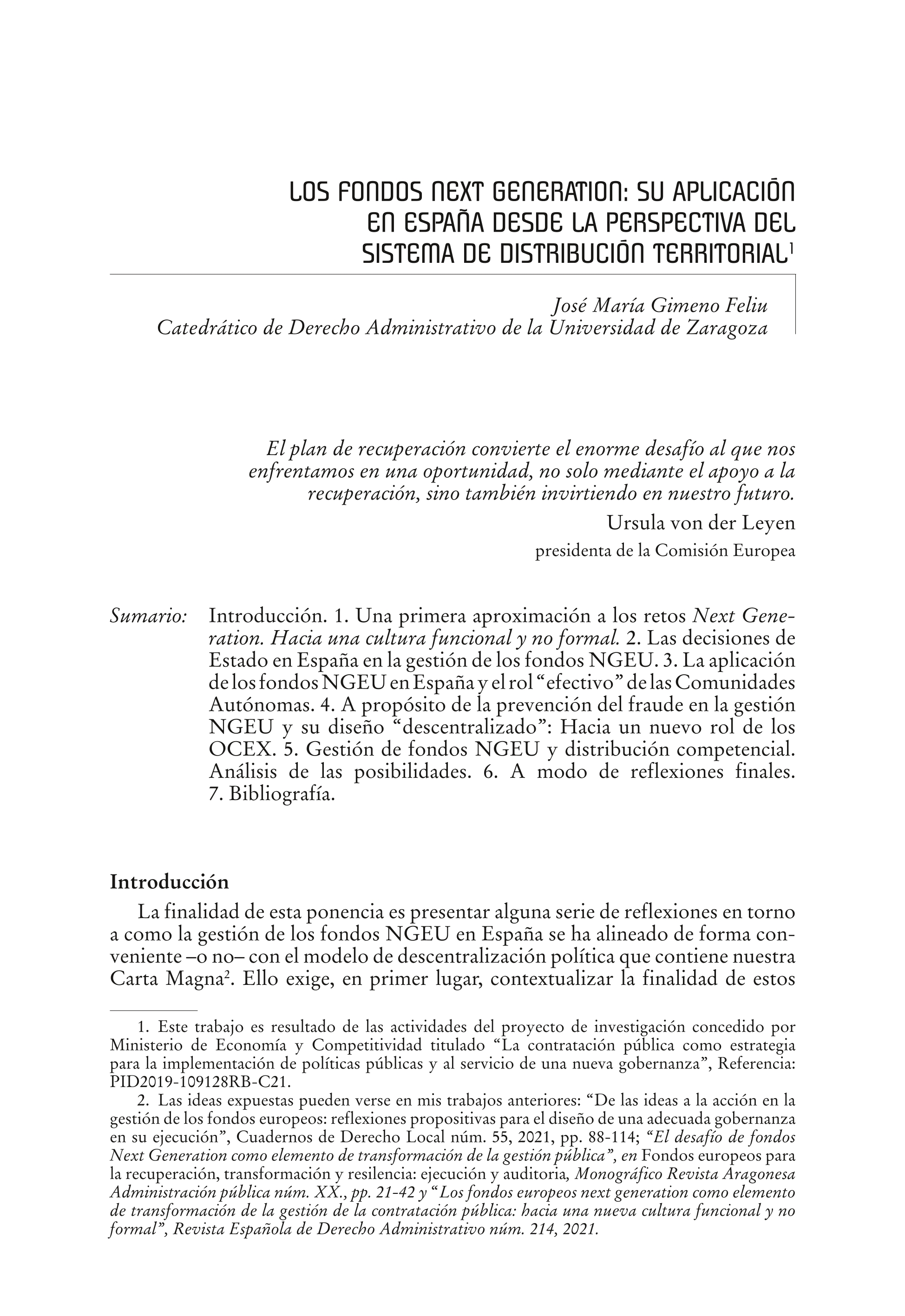 Los fondos Next Generation: su aplicación en España desde la perspectiva del sistema de distribución territorial