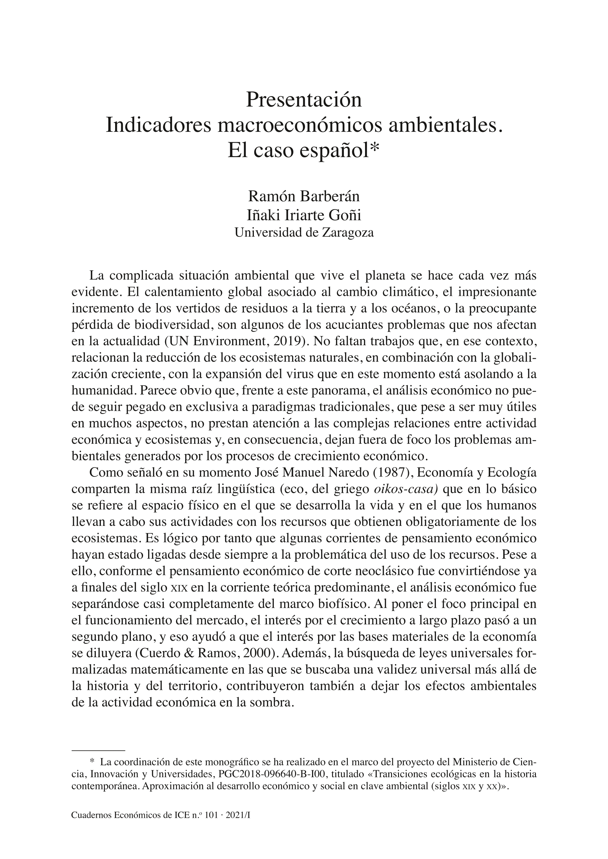 Presentación Indicadores macroeconómicos ambientales. El caso español