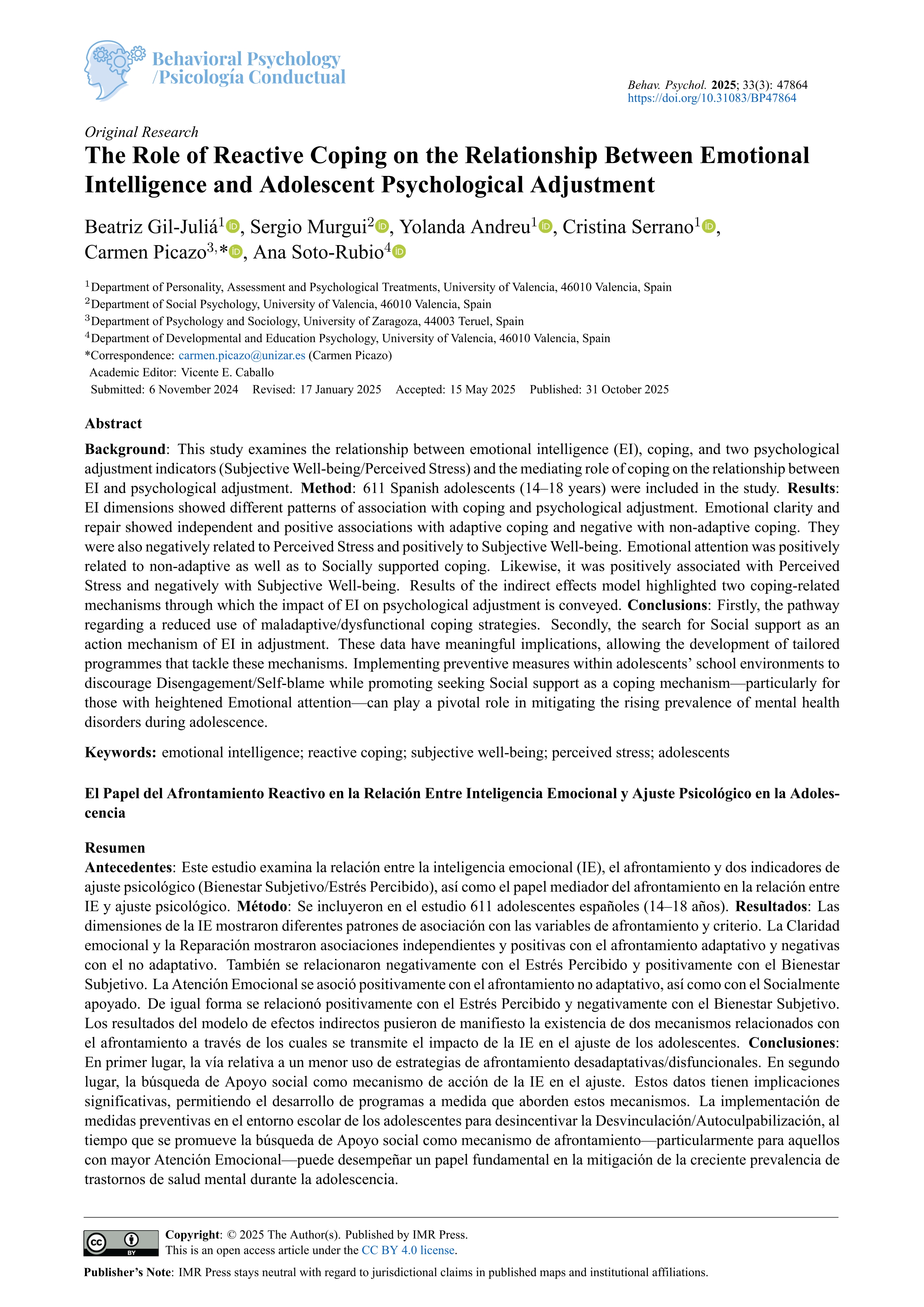 The role of reactive coping on the relationship between emotional intelligence and adolescent psychological adjustment